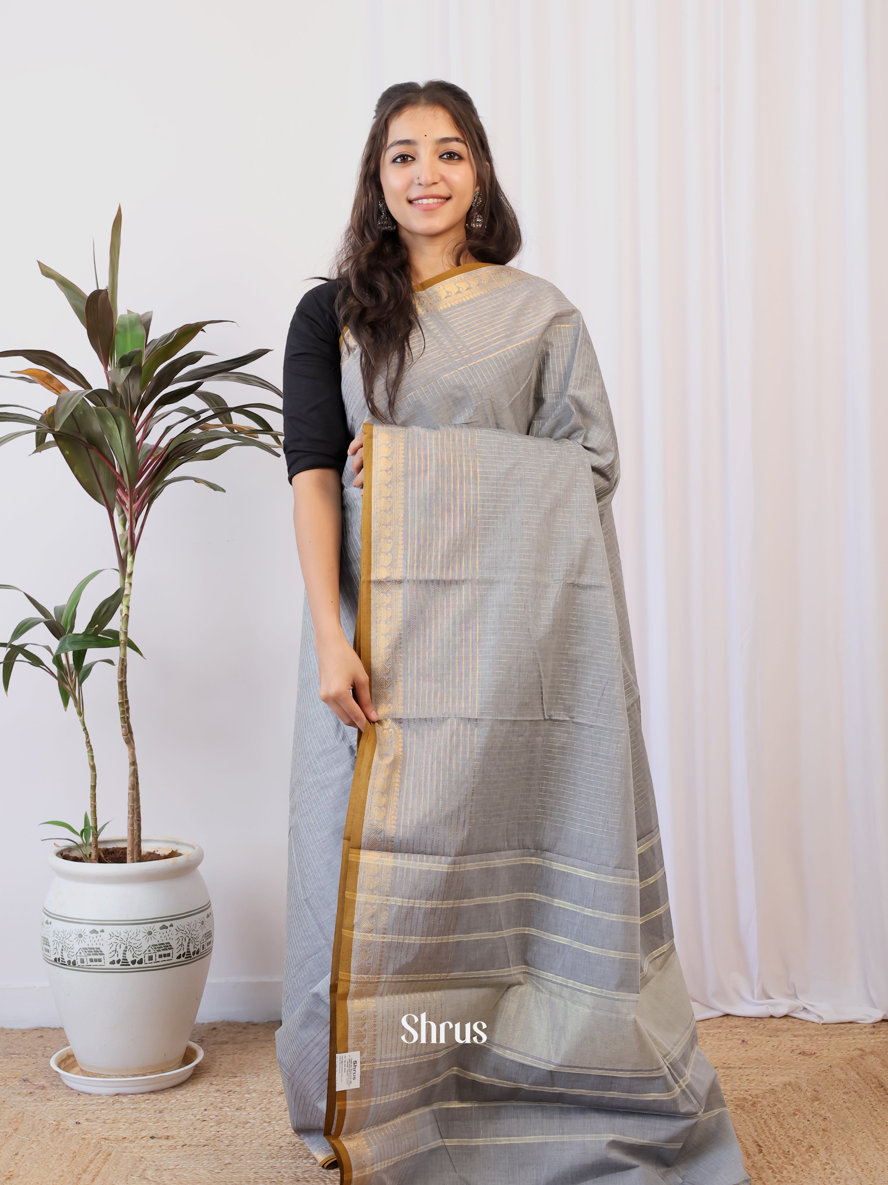 Grey - Chettinad Cotton Saree - Shop on Shrus.com