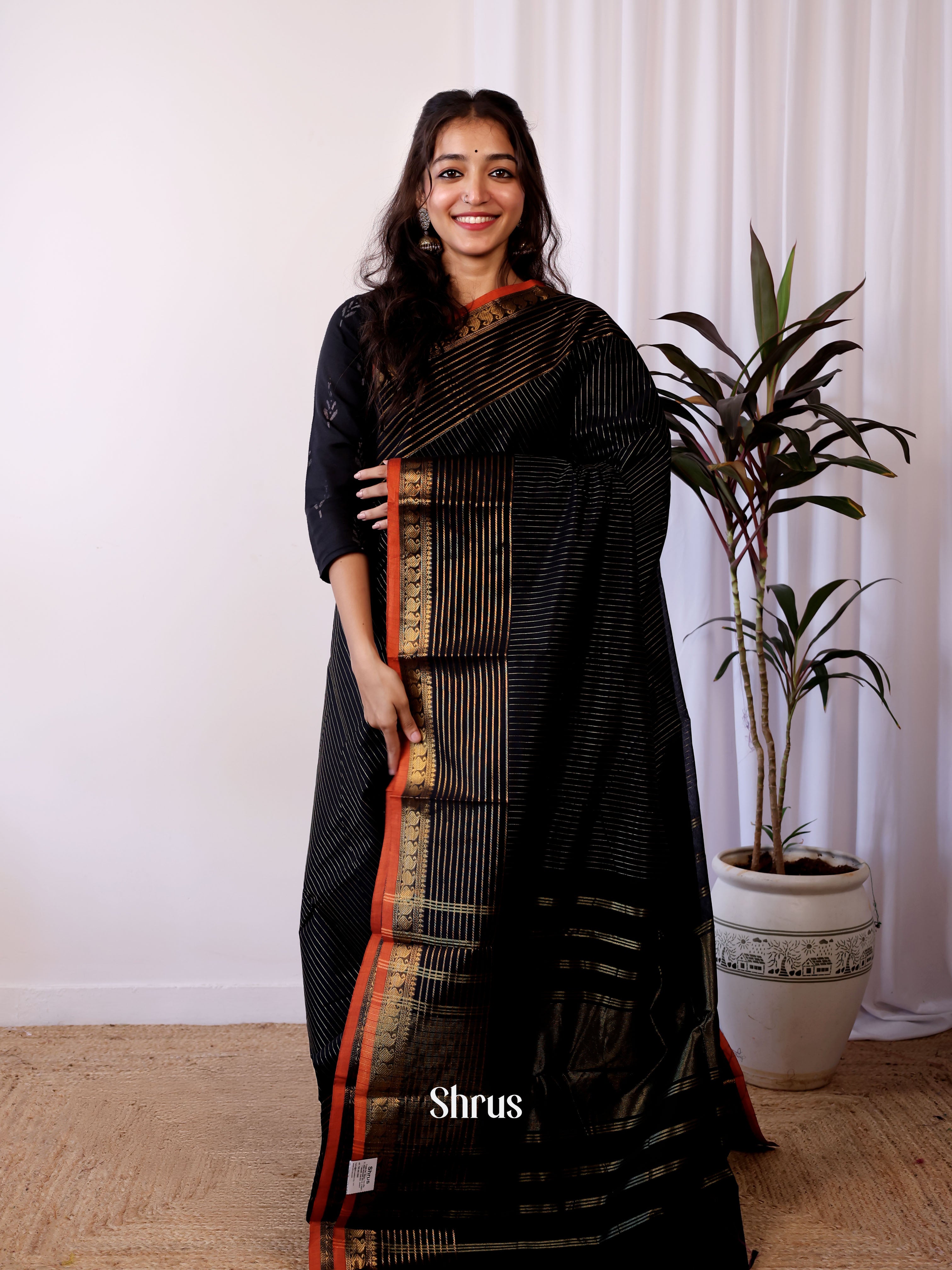 Black- Chettinad Cotton Saree - Shop on Shrus.com