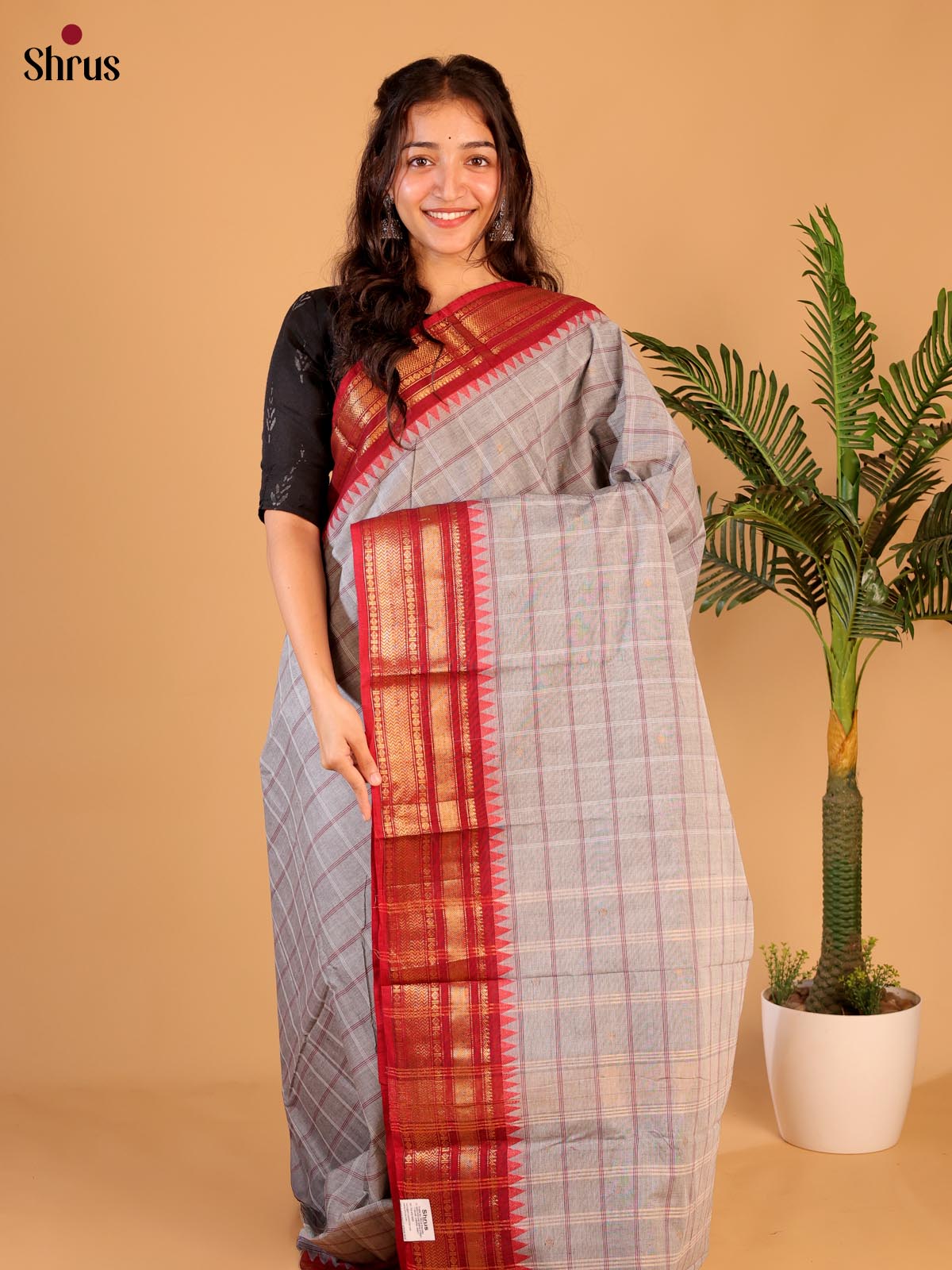 Grey & Maroon- Chettinad Cotton Saree - Shop on Shrus.com