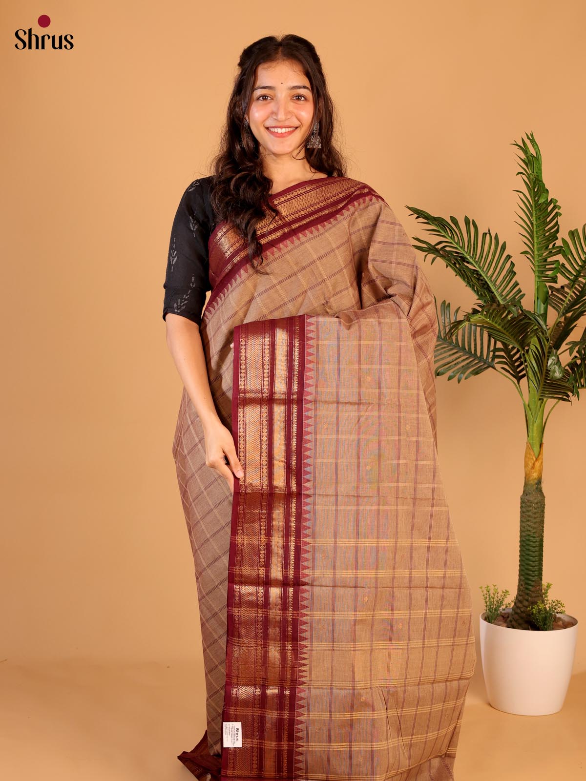 Lite Brown & Brown - Chettinad Cotton Saree - Shop on Shrus.com