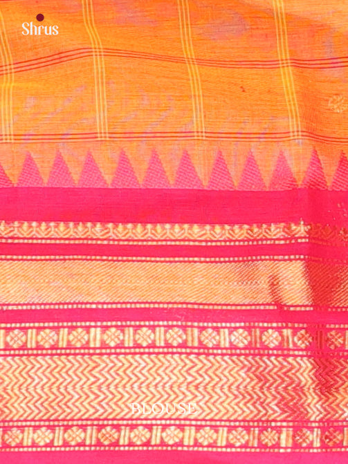 Vibrant Yellow Chettinad Cotton Saree with Pink Checks & Zari Border - Shop on Shrus.com