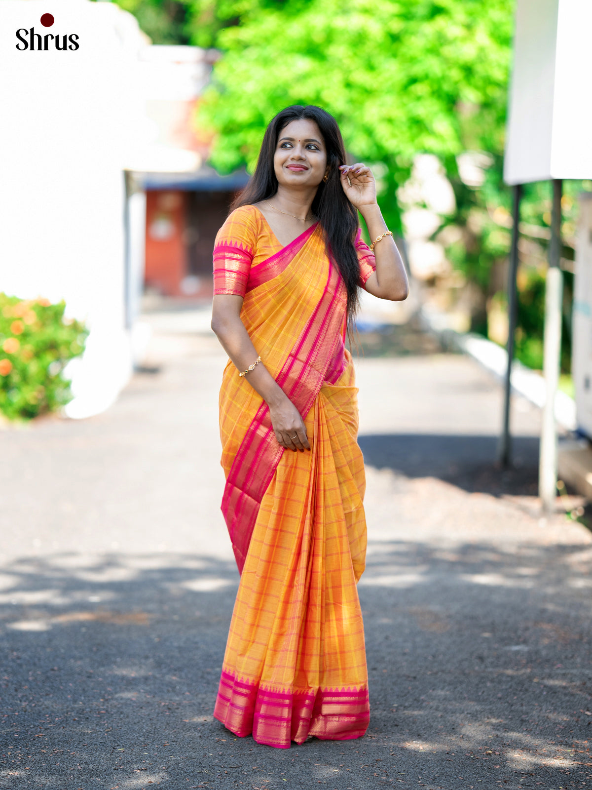 Vibrant Yellow Chettinad Cotton Saree with Pink Checks & Zari Border - Shop on Shrus.com