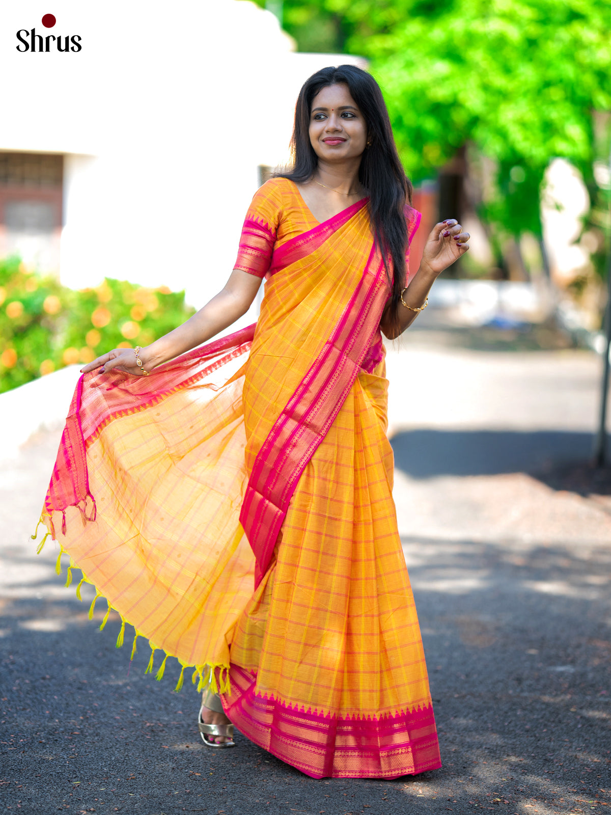 Vibrant Yellow Chettinad Cotton Saree with Pink Checks & Zari Border - Shop on Shrus.com