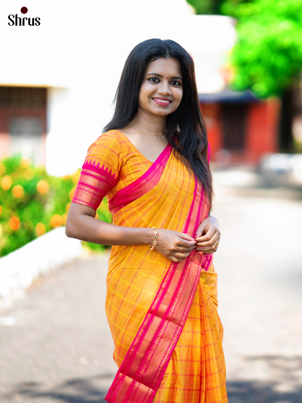 Vibrant Yellow Chettinad Cotton Saree with Pink Checks & Zari Border - Shop on Shrus.com