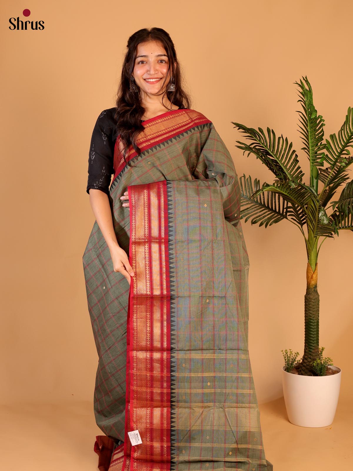 Grey & Red - Chettinad Cotton Saree - Shop on Shrus.com