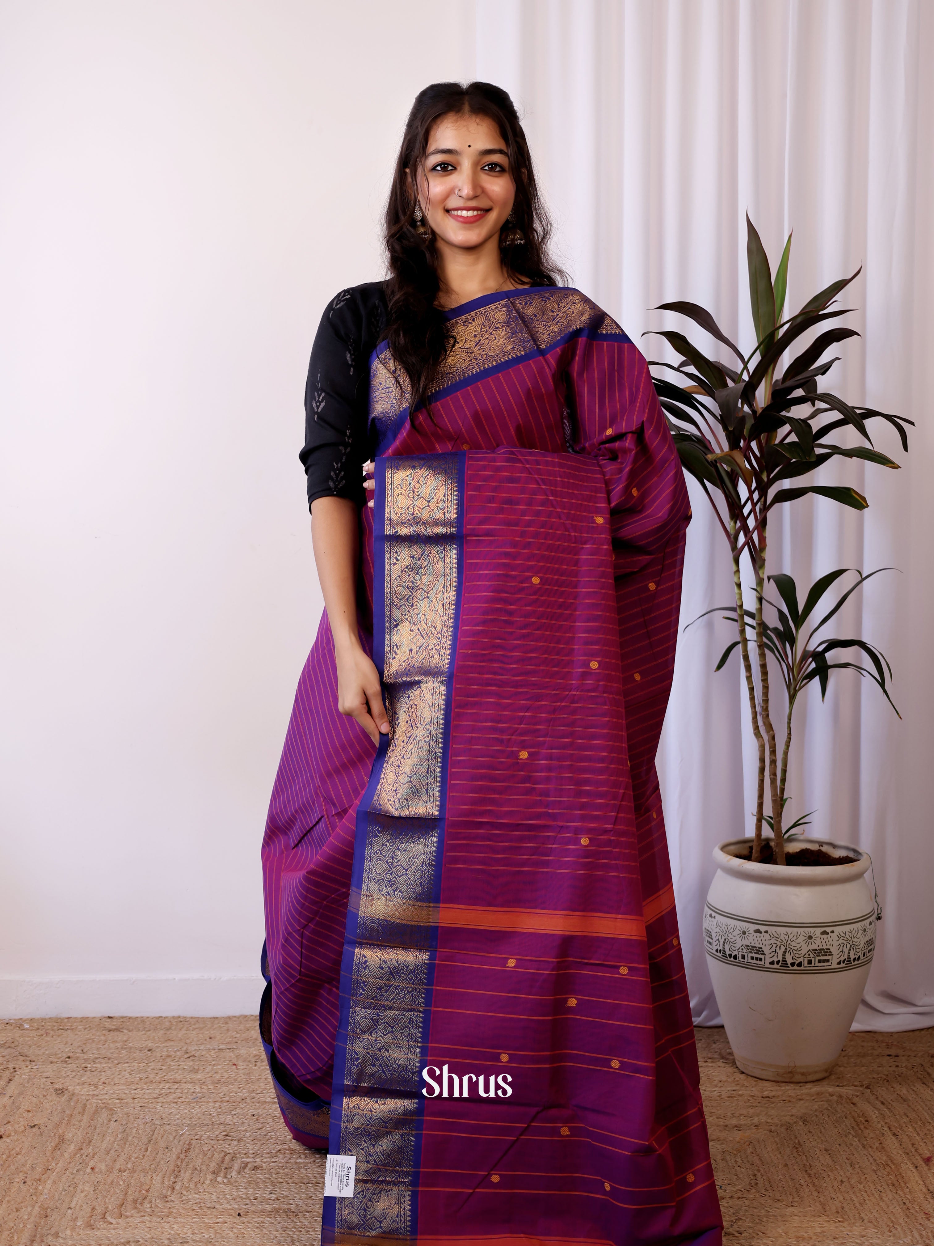 Purple & Blue - Chettinad Cotton Saree - Shop on Shrus.com