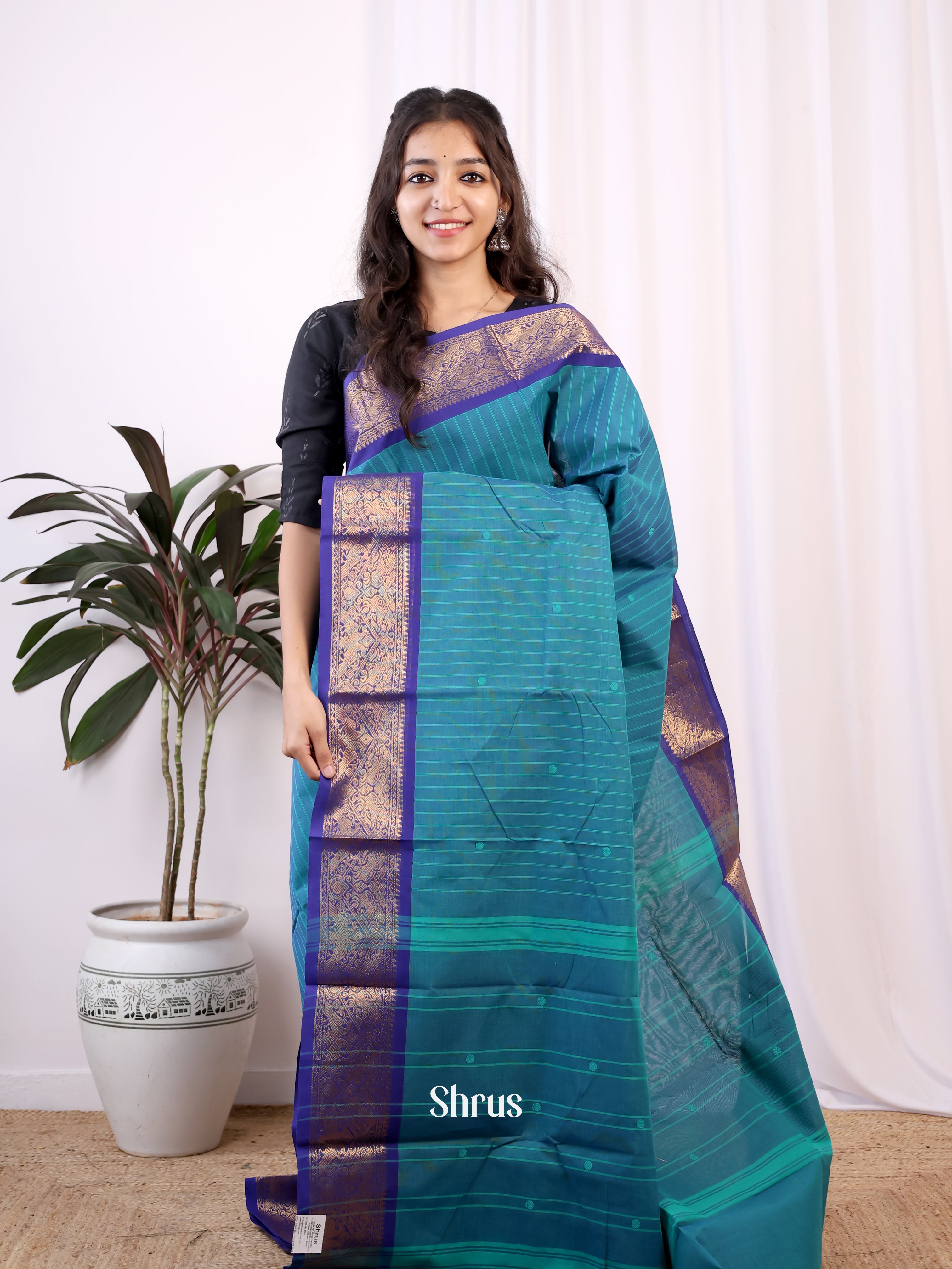 Teal & Blue - Chettinad Cotton Saree - Shop on Shrus.com