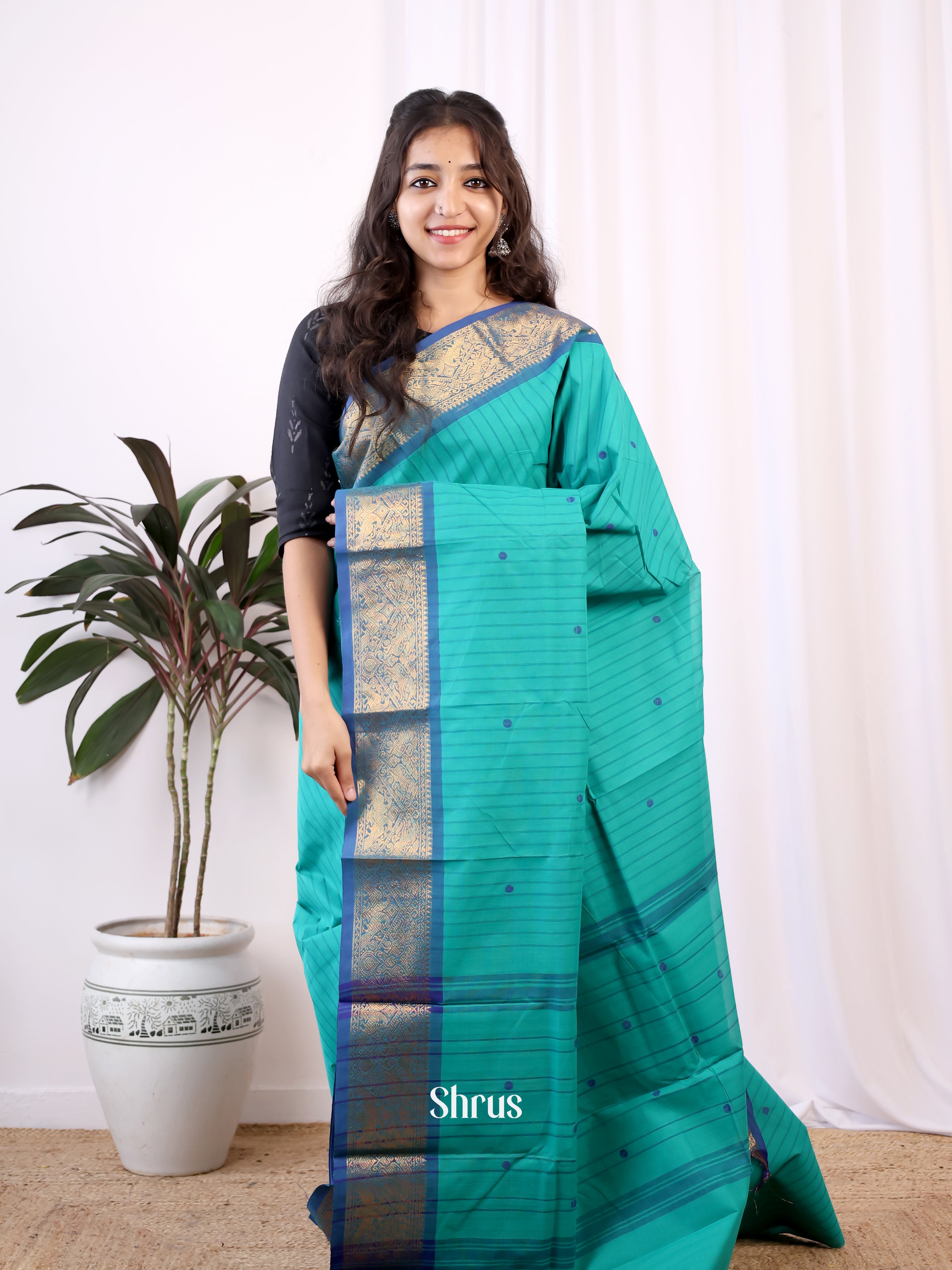 Teal & Blue- Chettinad Cotton Saree - Shop on Shrus.com