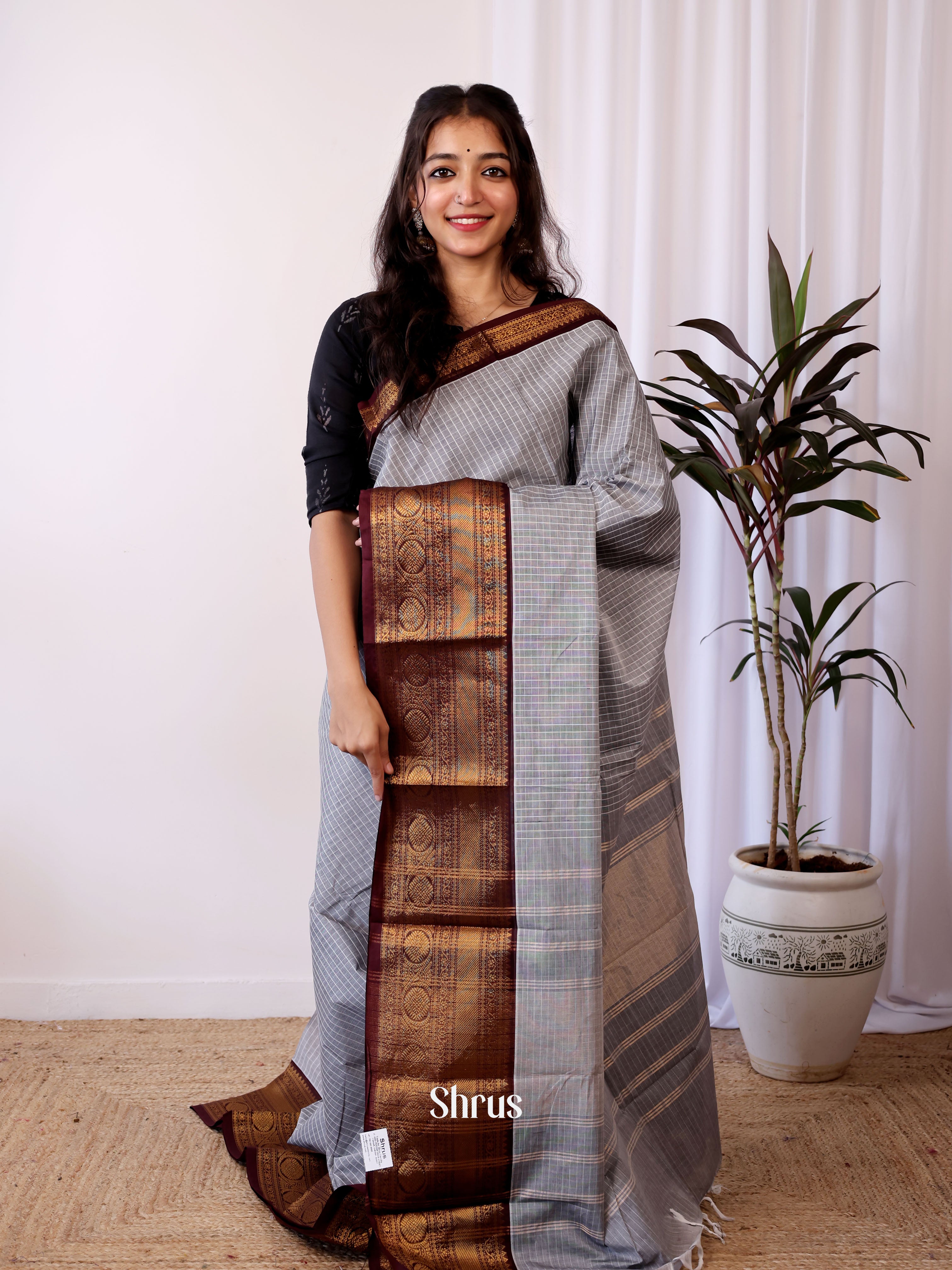 Grey & Brown- Chettinad Cotton Saree - Shop on Shrus.com
