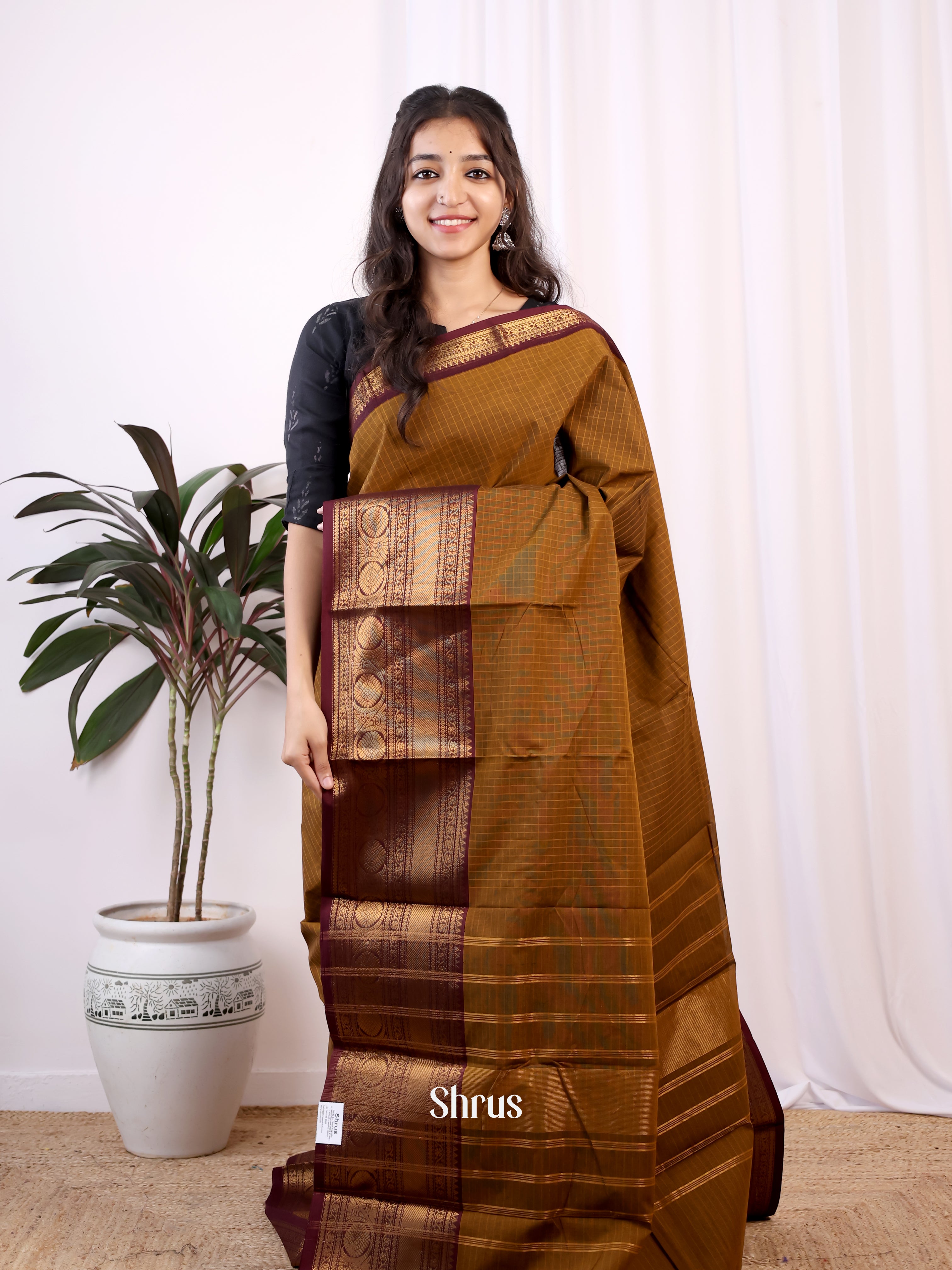 Mehandi & Brown - Chettinad Cotton Saree - Shop on Shrus.com