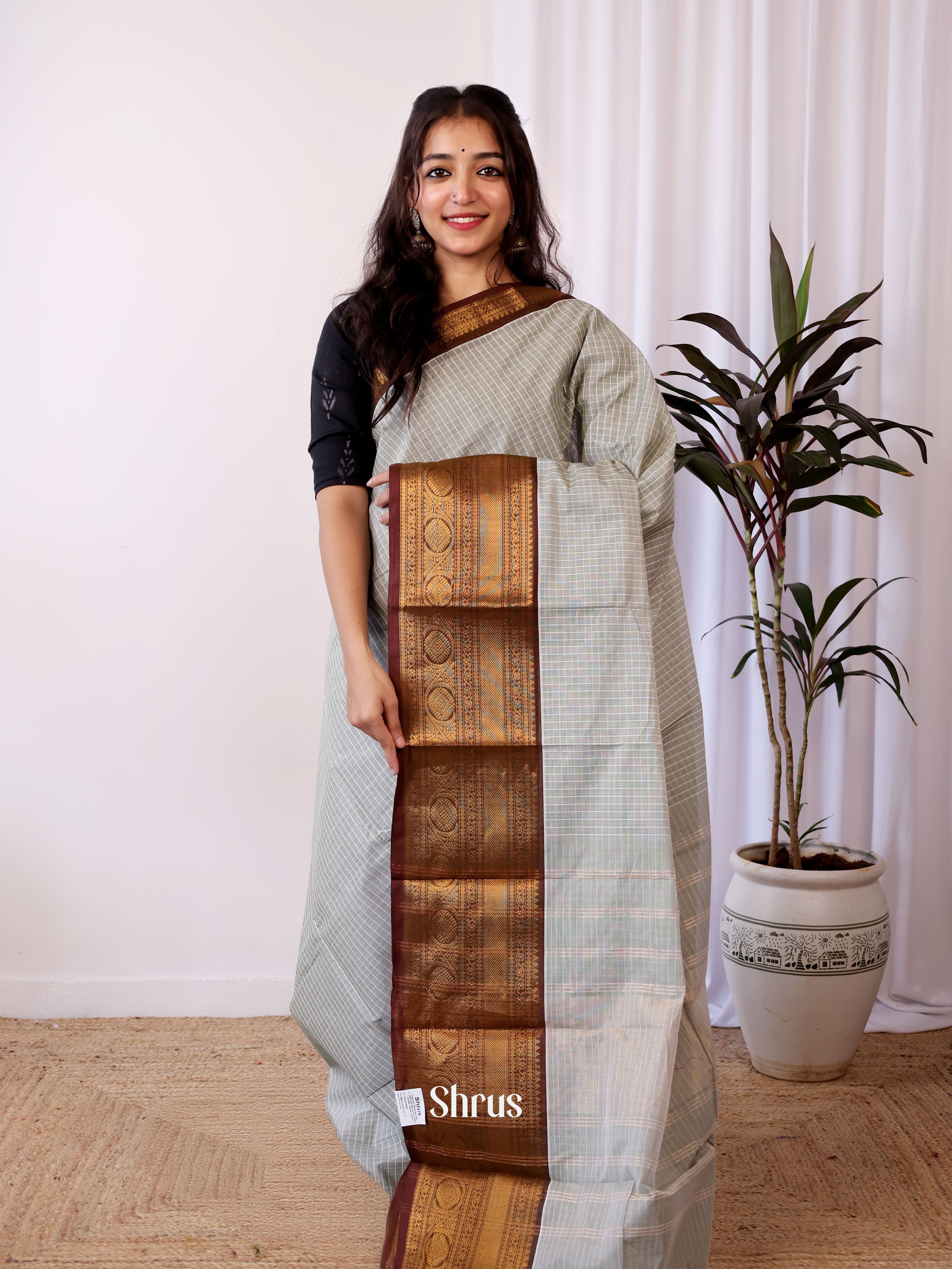 Grey & Brown - Chettinad Cotton Saree - Shop on Shrus.com