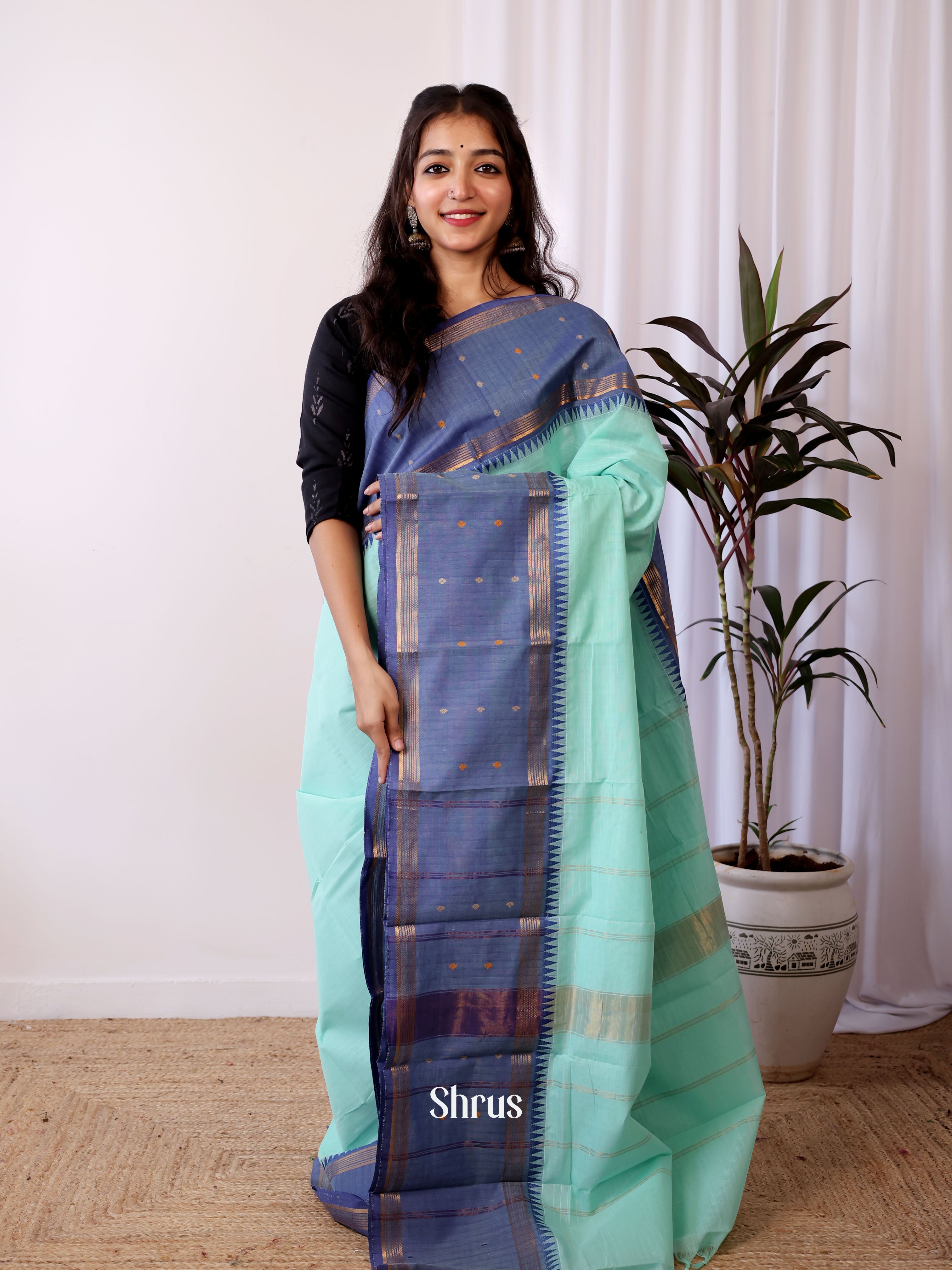 Pastel Green & Grey - Chettinad Cotton Saree - Shop on Shrus.com