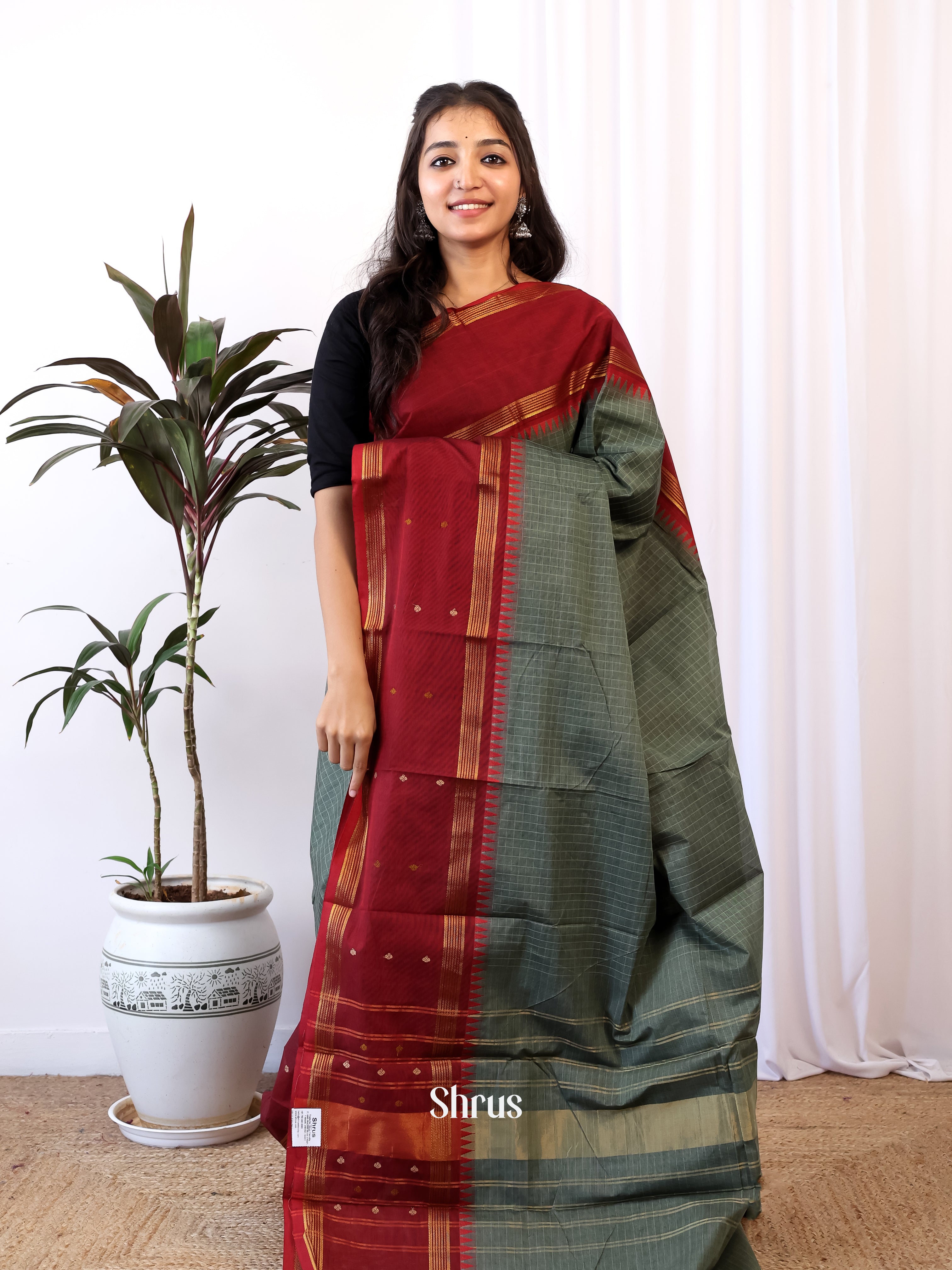Grey & Maroon - Chettinad Cotton Saree - Shop on Shrus.com