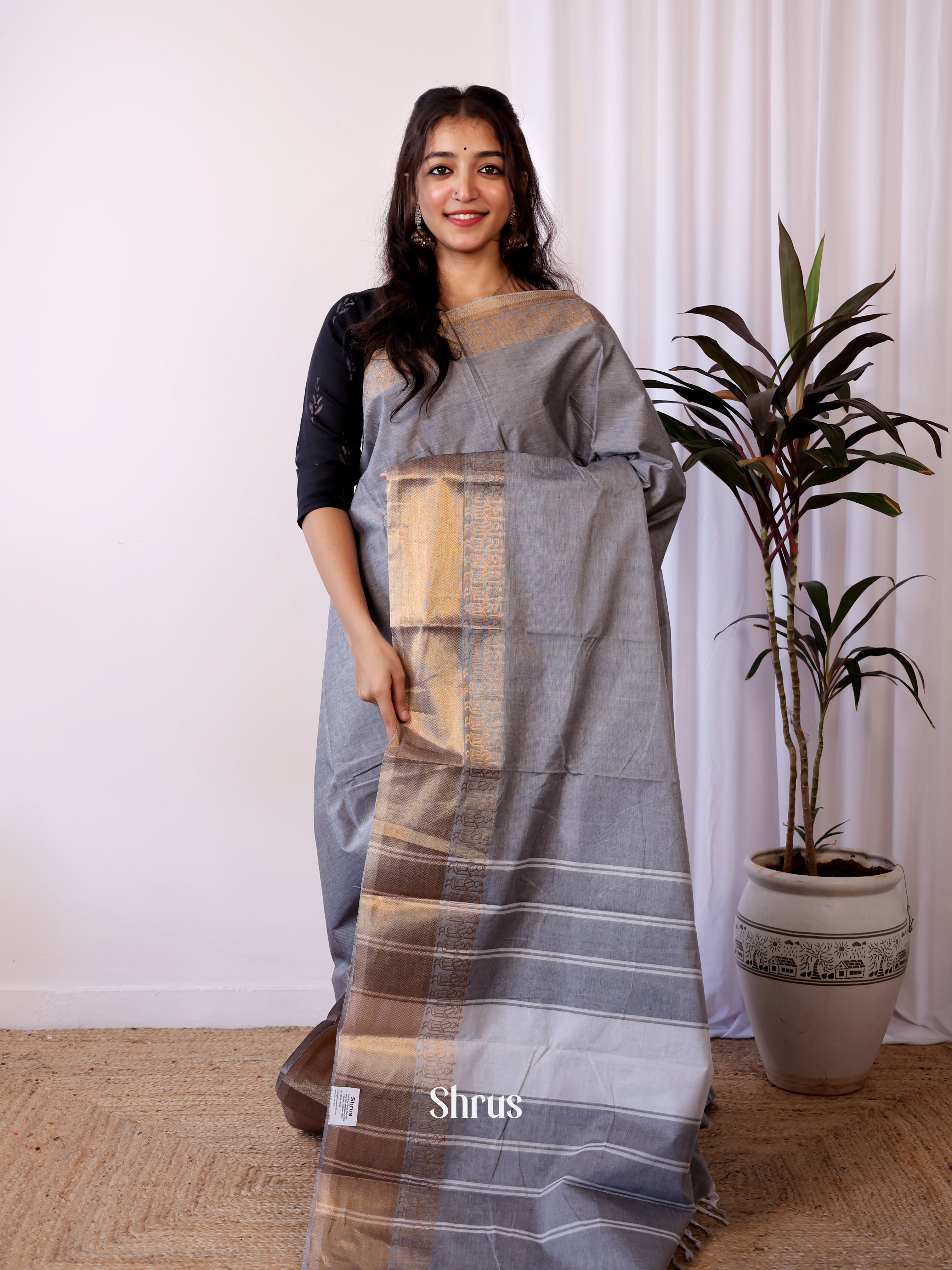 Grey - Chettinad Cotton Saree - Shop on Shrus.com