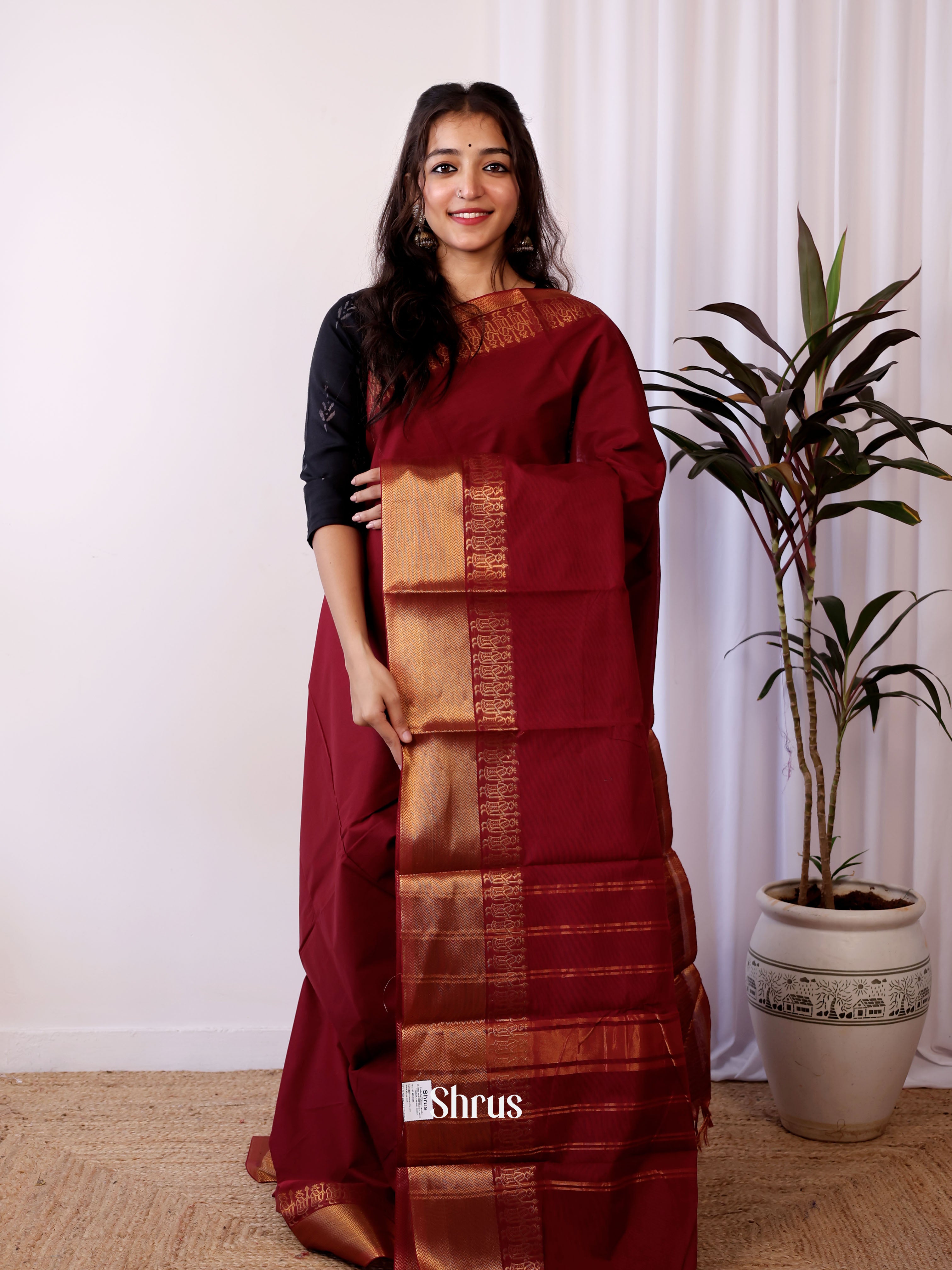 Maroon - Chettinad Cotton Saree - Shop on Shrus.com
