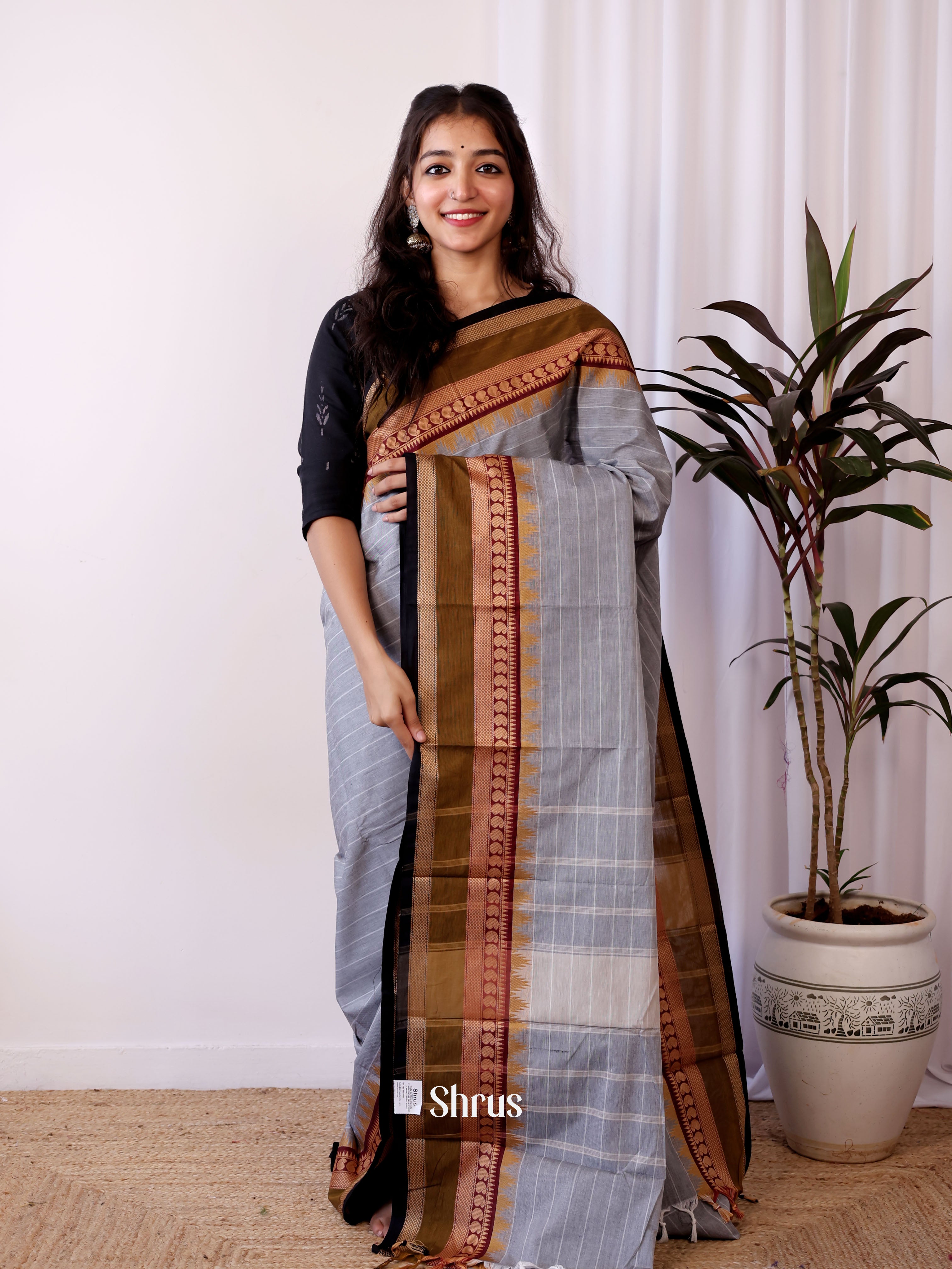 Grey & Black - Chettinad Cotton Saree - Shop on Shrus.com