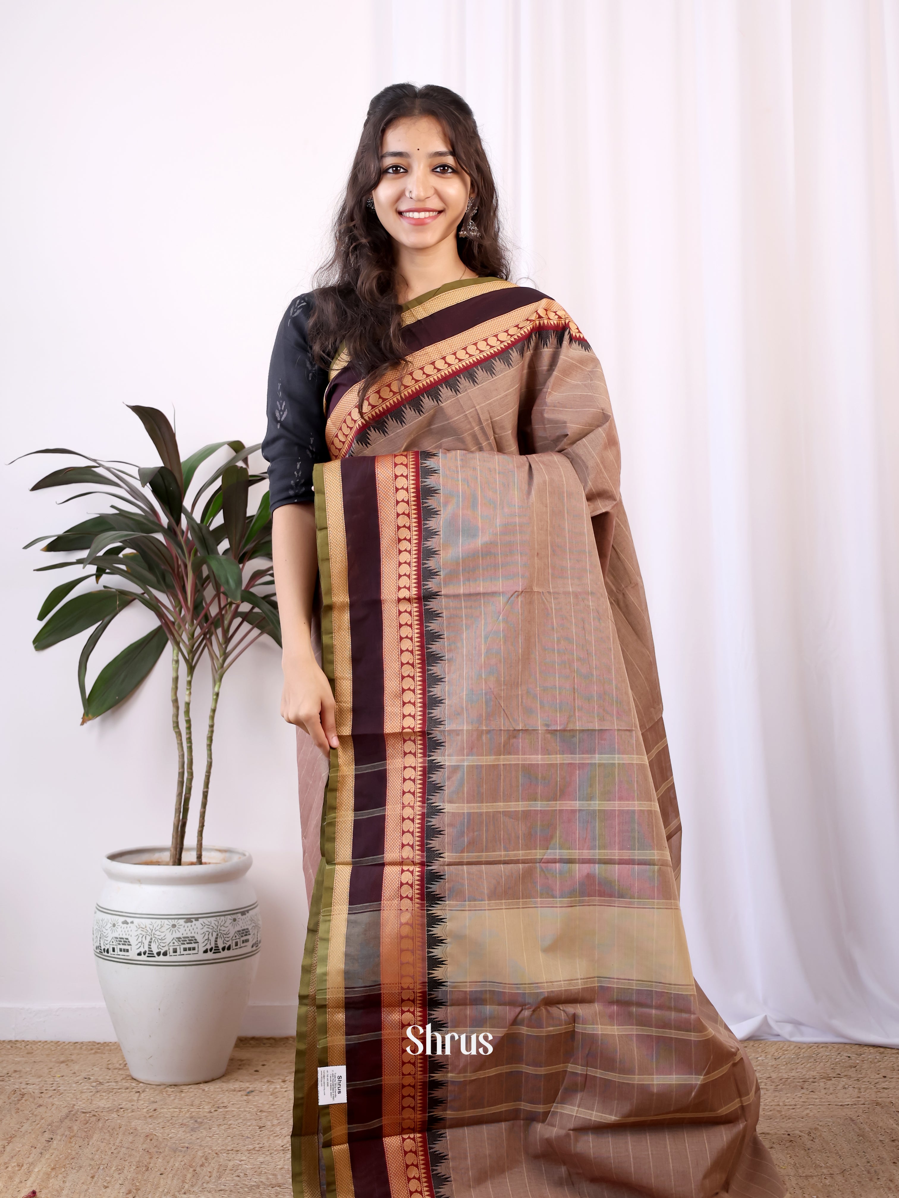 Grey & Brown - Chettinad Cotton Saree - Shop on Shrus.com