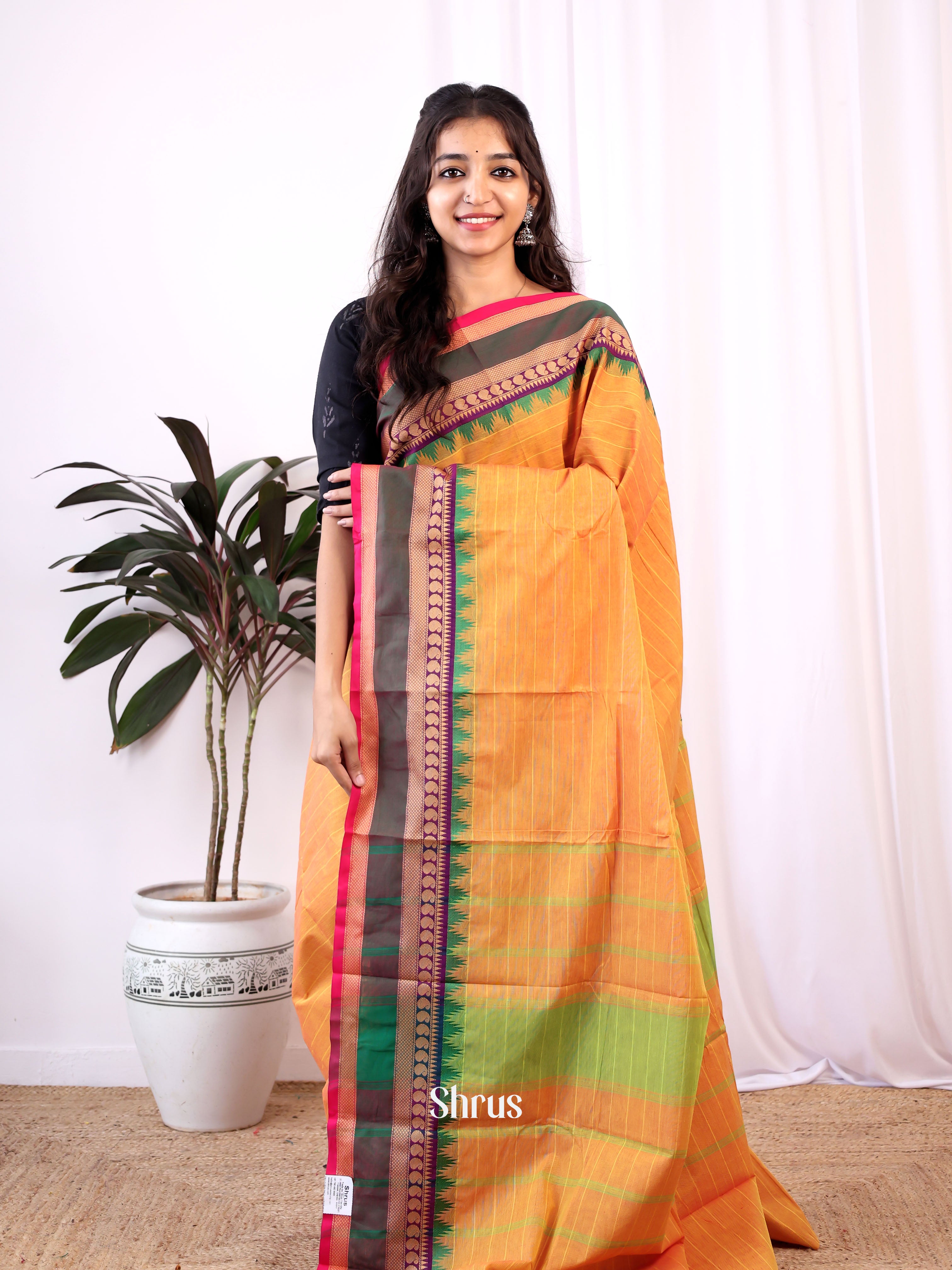 Orange & Green - Chettinad Cotton Saree - Shop on Shrus.com