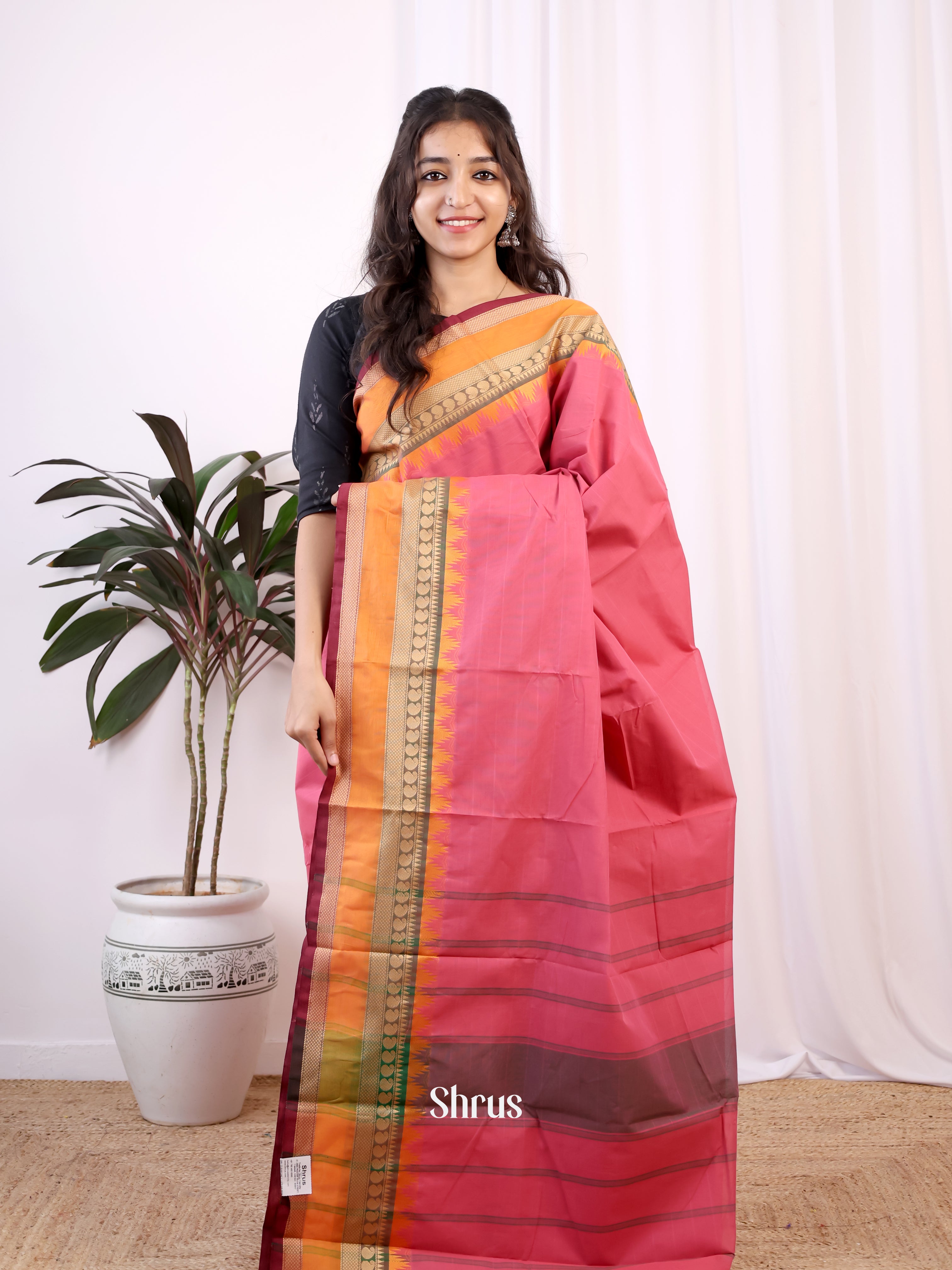 Pink & Orange - Chettinad Cotton Saree - Shop on Shrus.com
