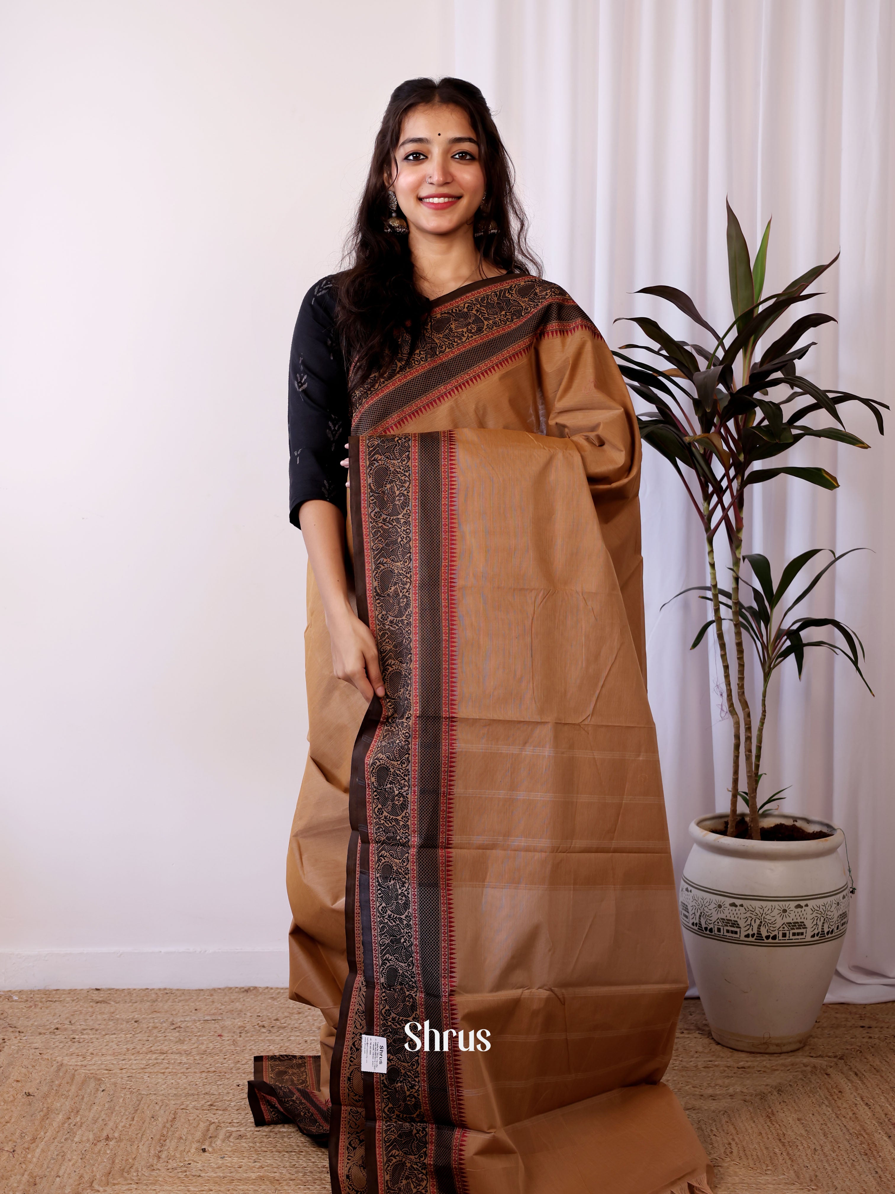 Brown & Black- Chettinad Cotton Saree - Shop on Shrus.com
