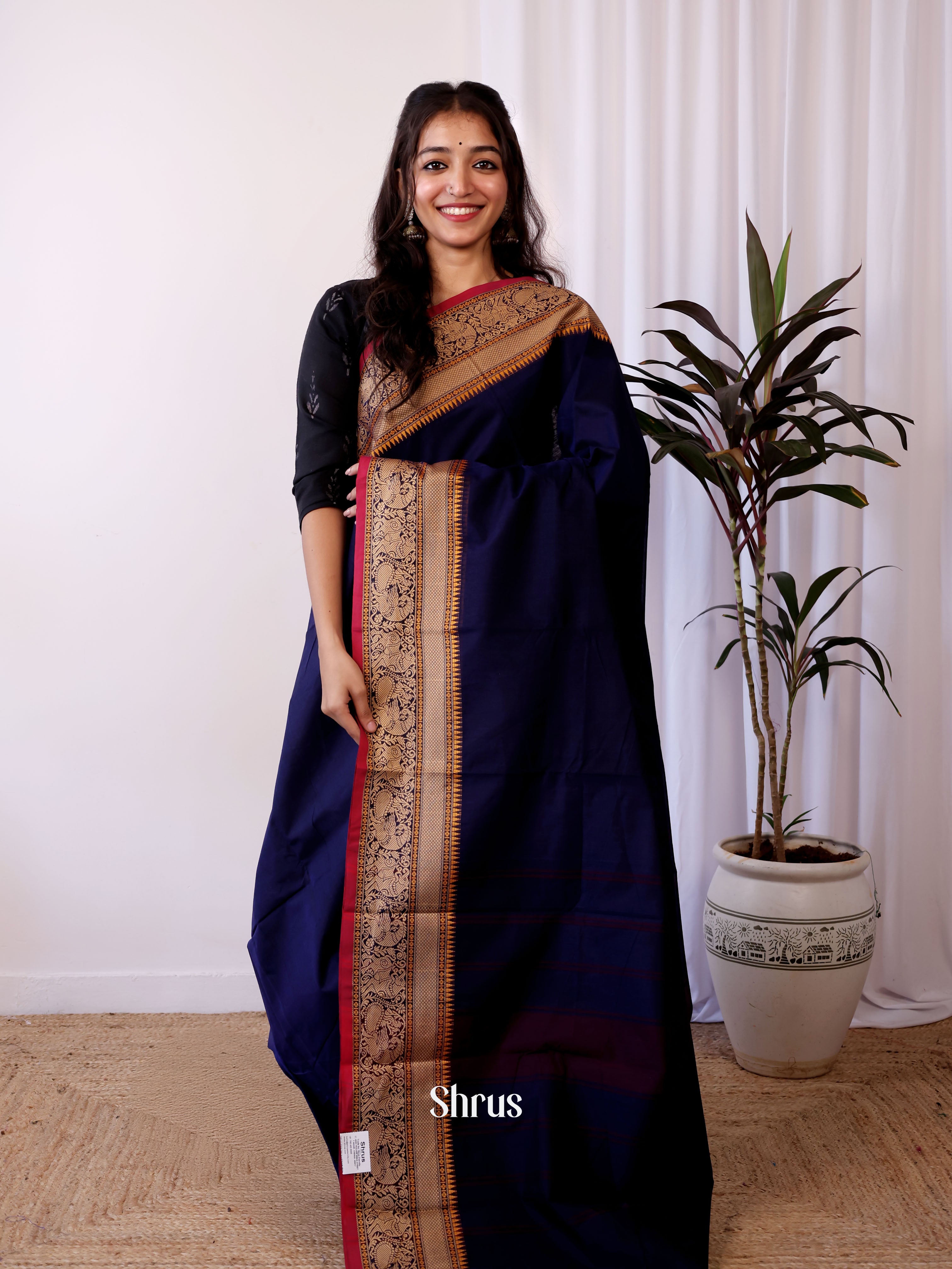 Blue & Red - Chettinad Cotton Saree - Shop on Shrus.com
