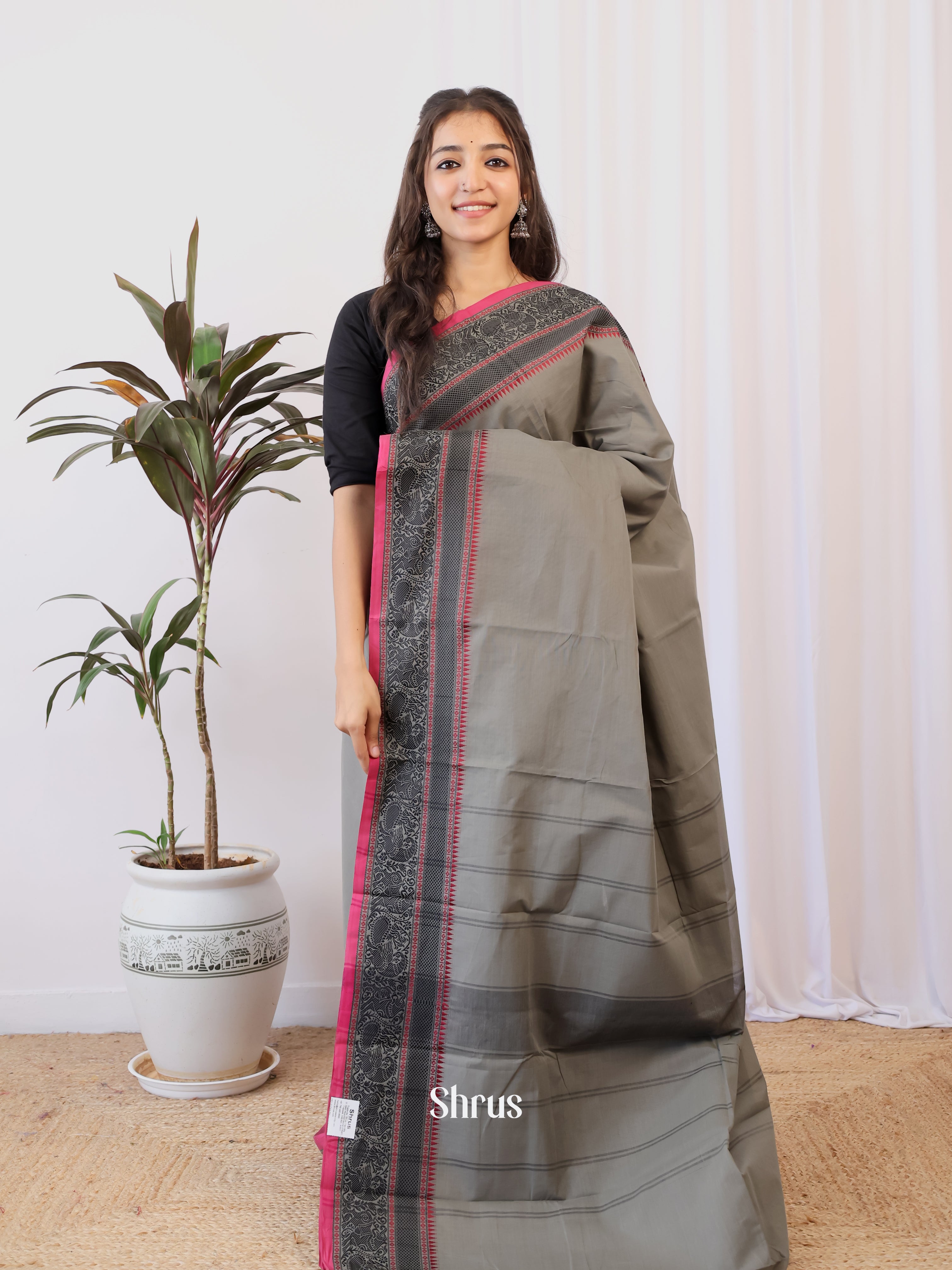 Grey & Pink - Chettinad Cotton Saree - Shop on Shrus.com
