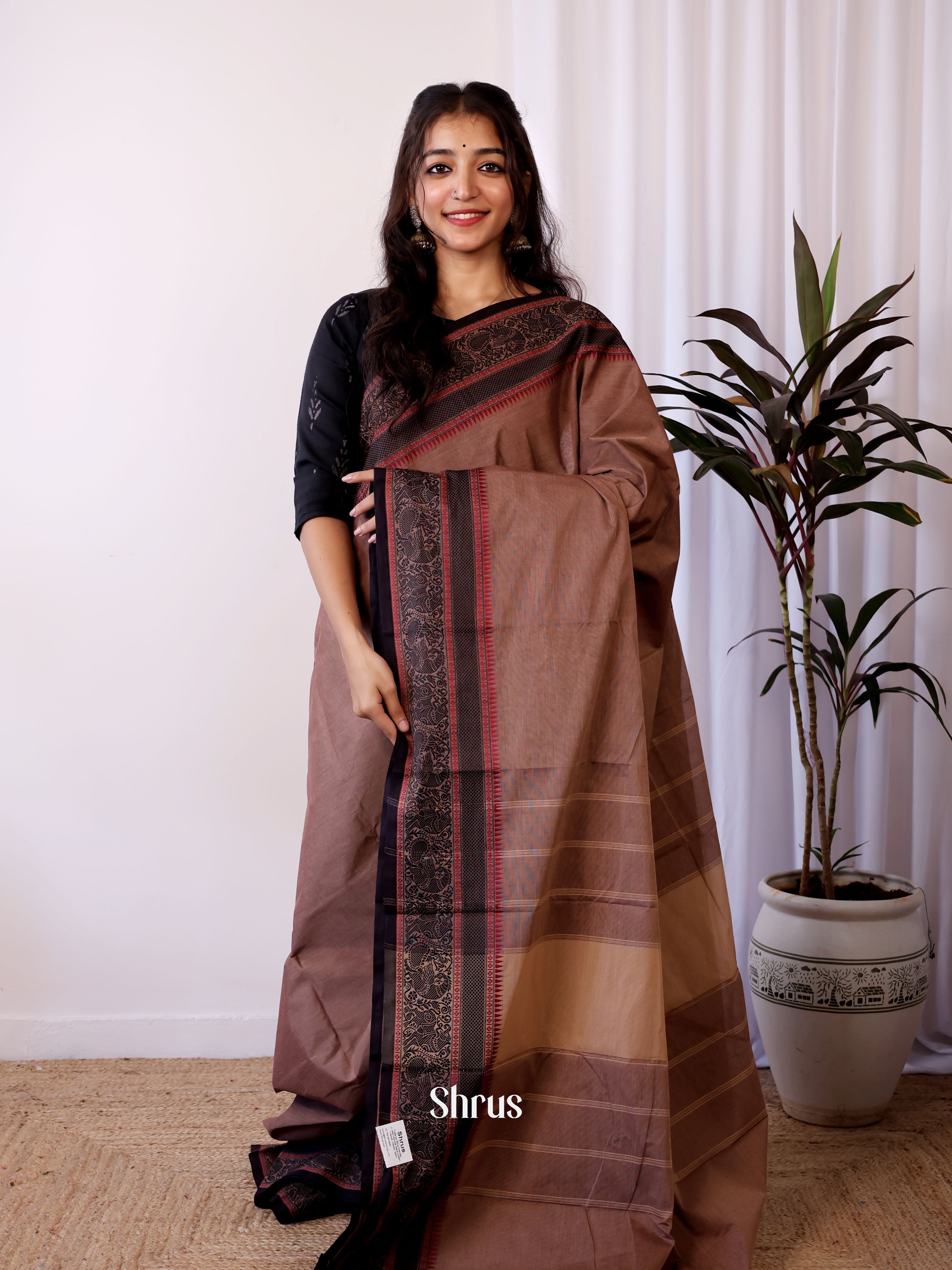 Brown & Black- Chettinad Cotton Saree - Shop on Shrus.com
