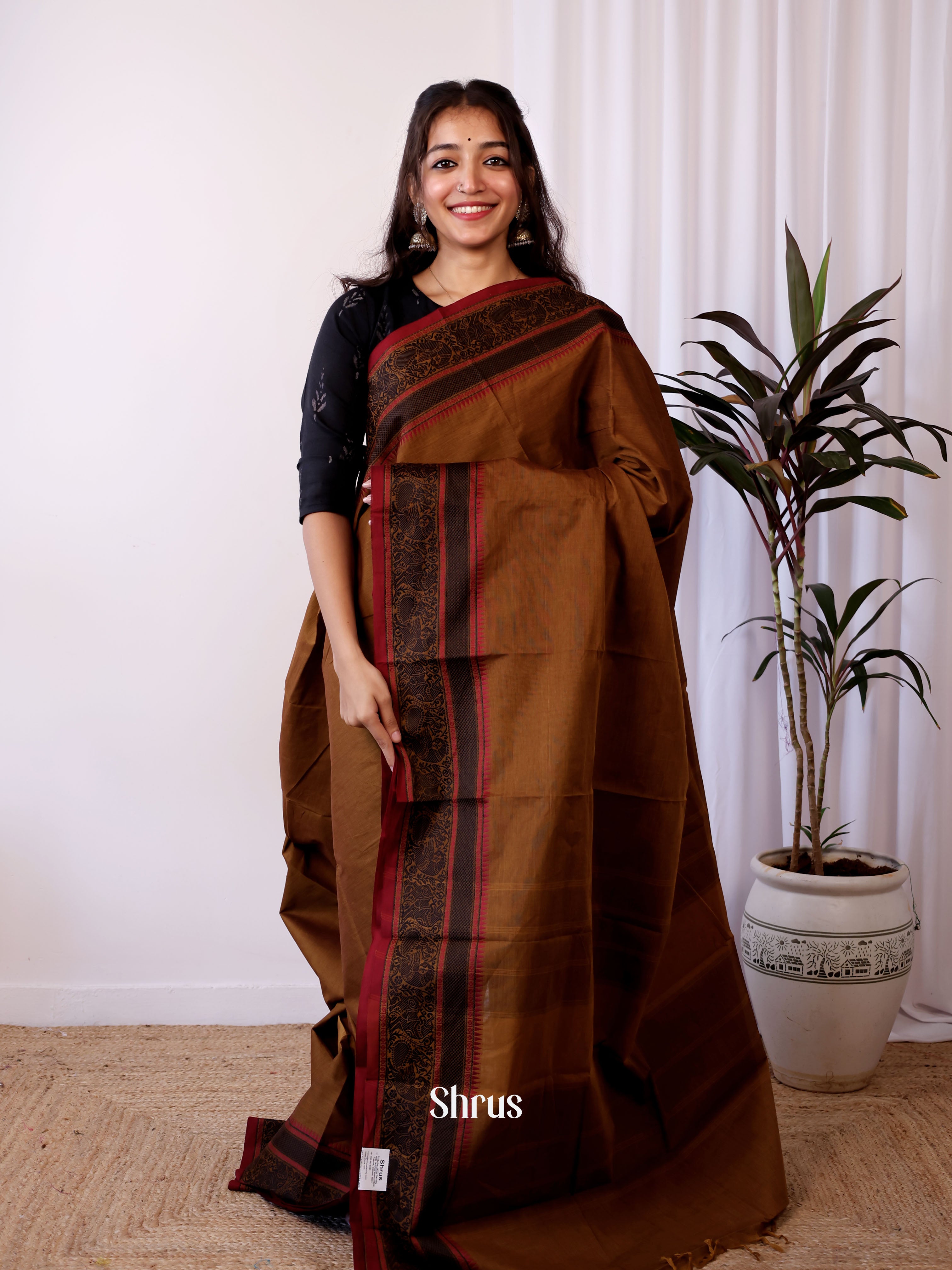 Brown & Maroon - Chettinad Cotton Saree - Shop on Shrus.com