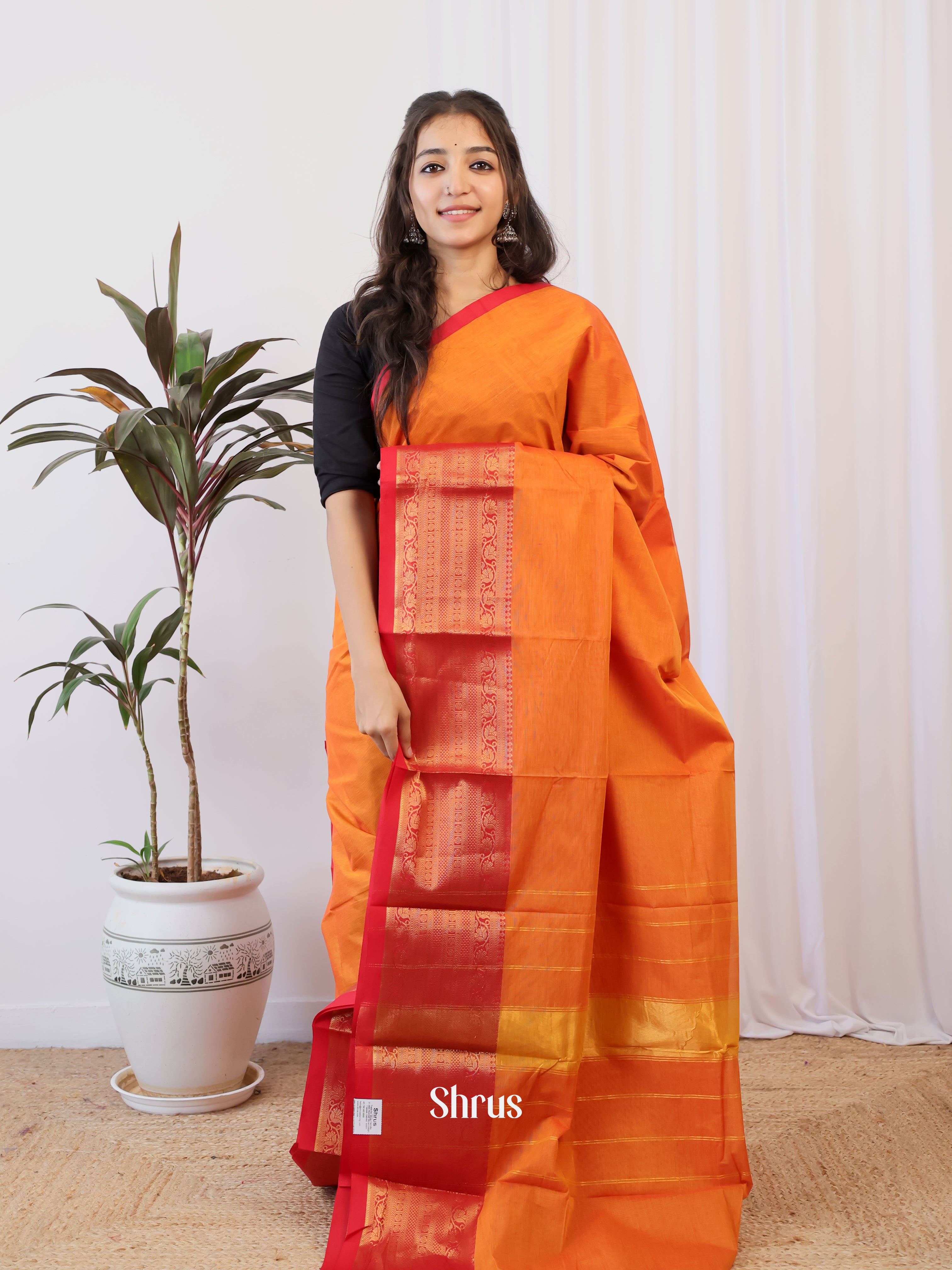 Orange & Red- Chettinad Cotton Saree - Shop on Shrus.com