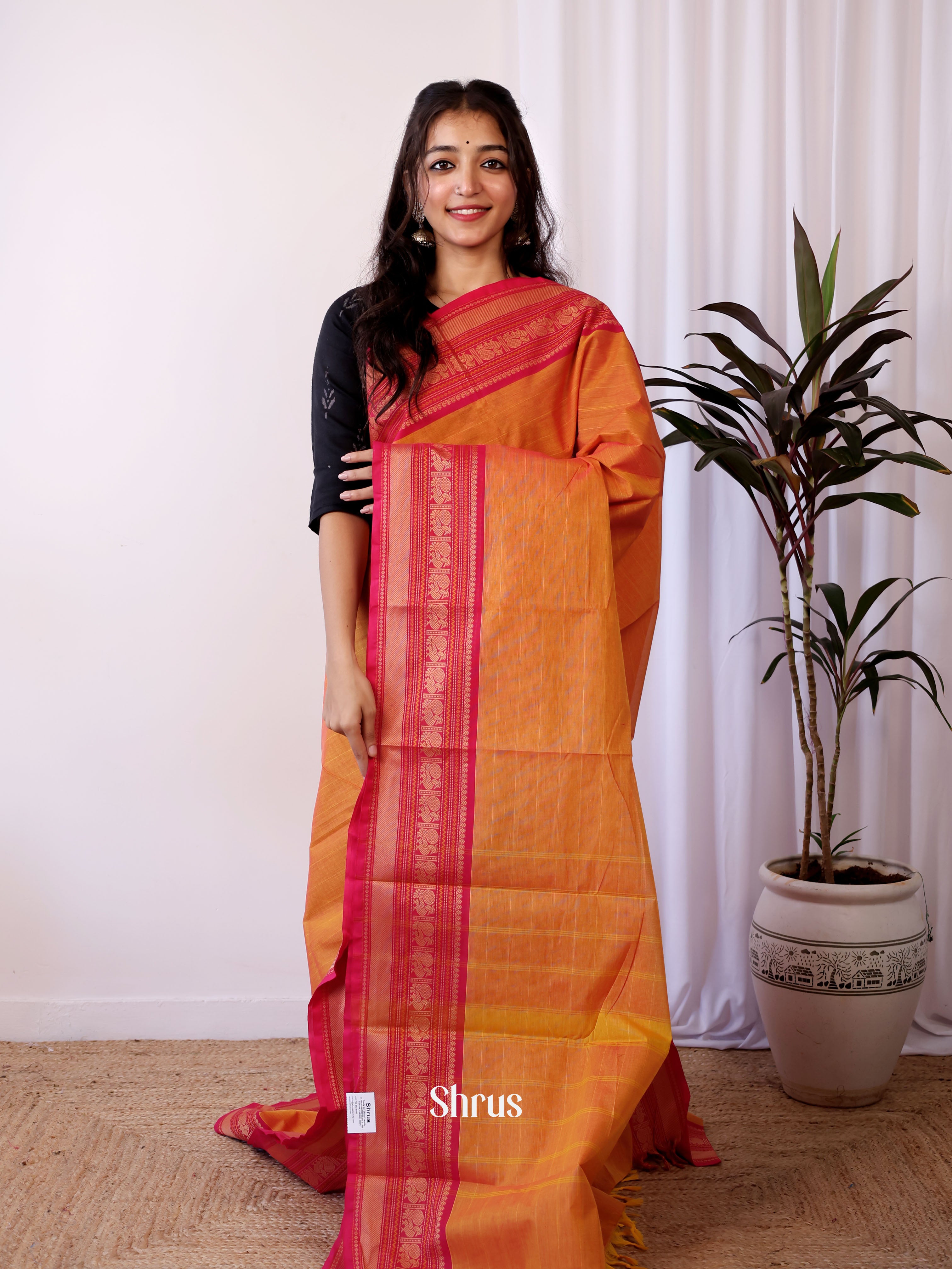 Orange & Pink - Chettinad Cotton Saree - Shop on Shrus.com