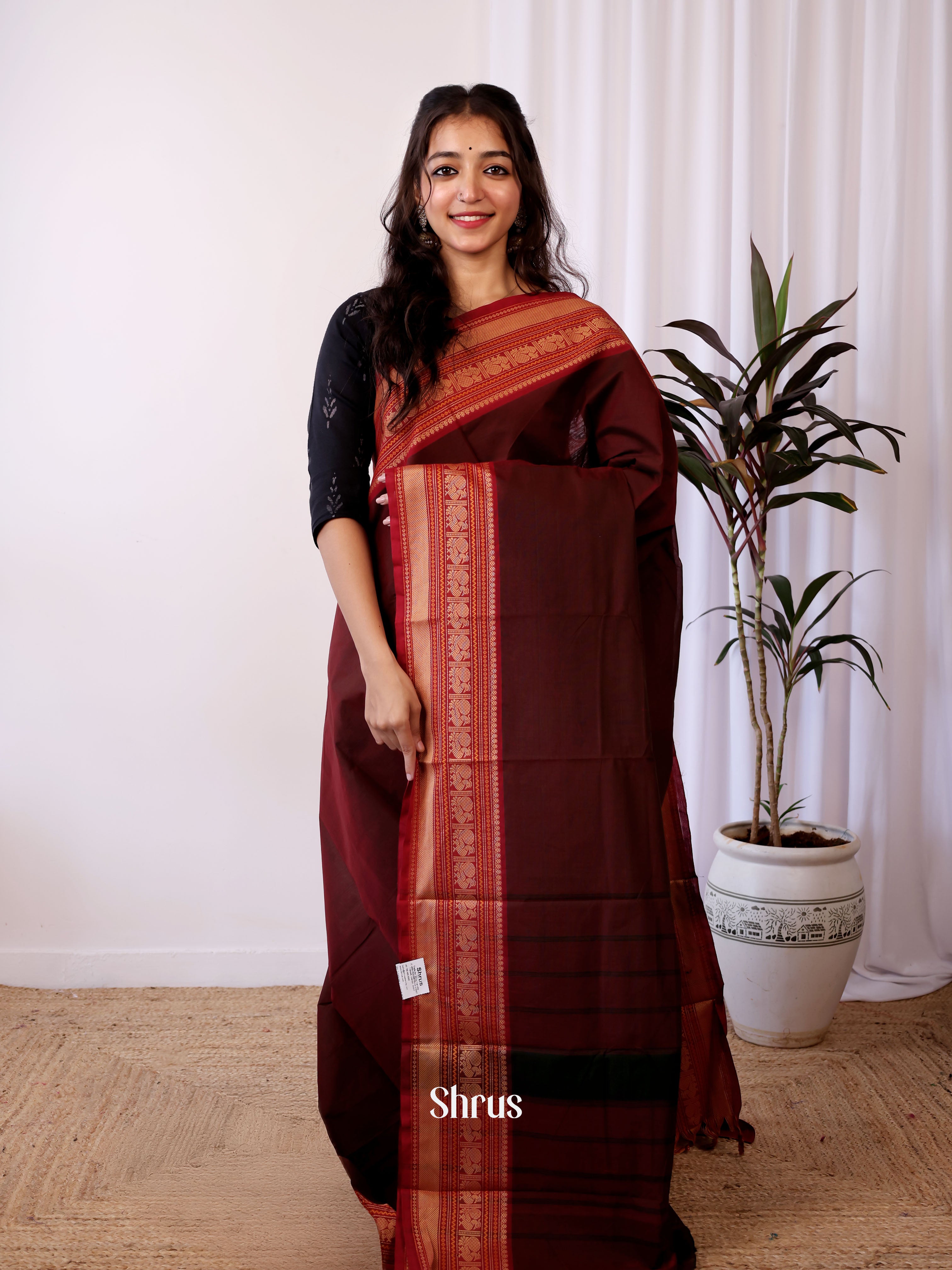 Brown & Red- Chettinad Cotton Saree - Shop on Shrus.com