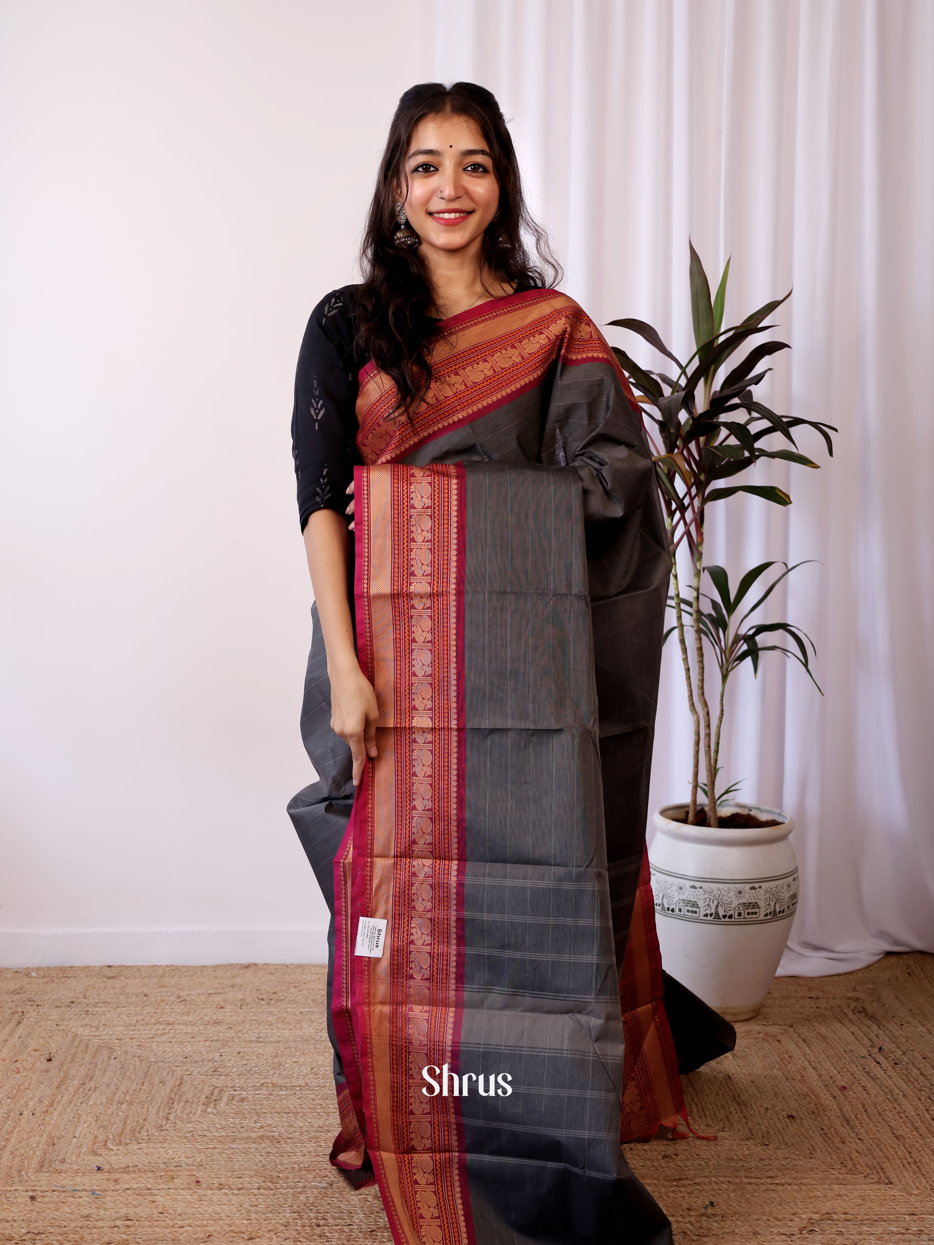 Grey & maroon - Chettinad Cotton Saree - Shop on Shrus.com