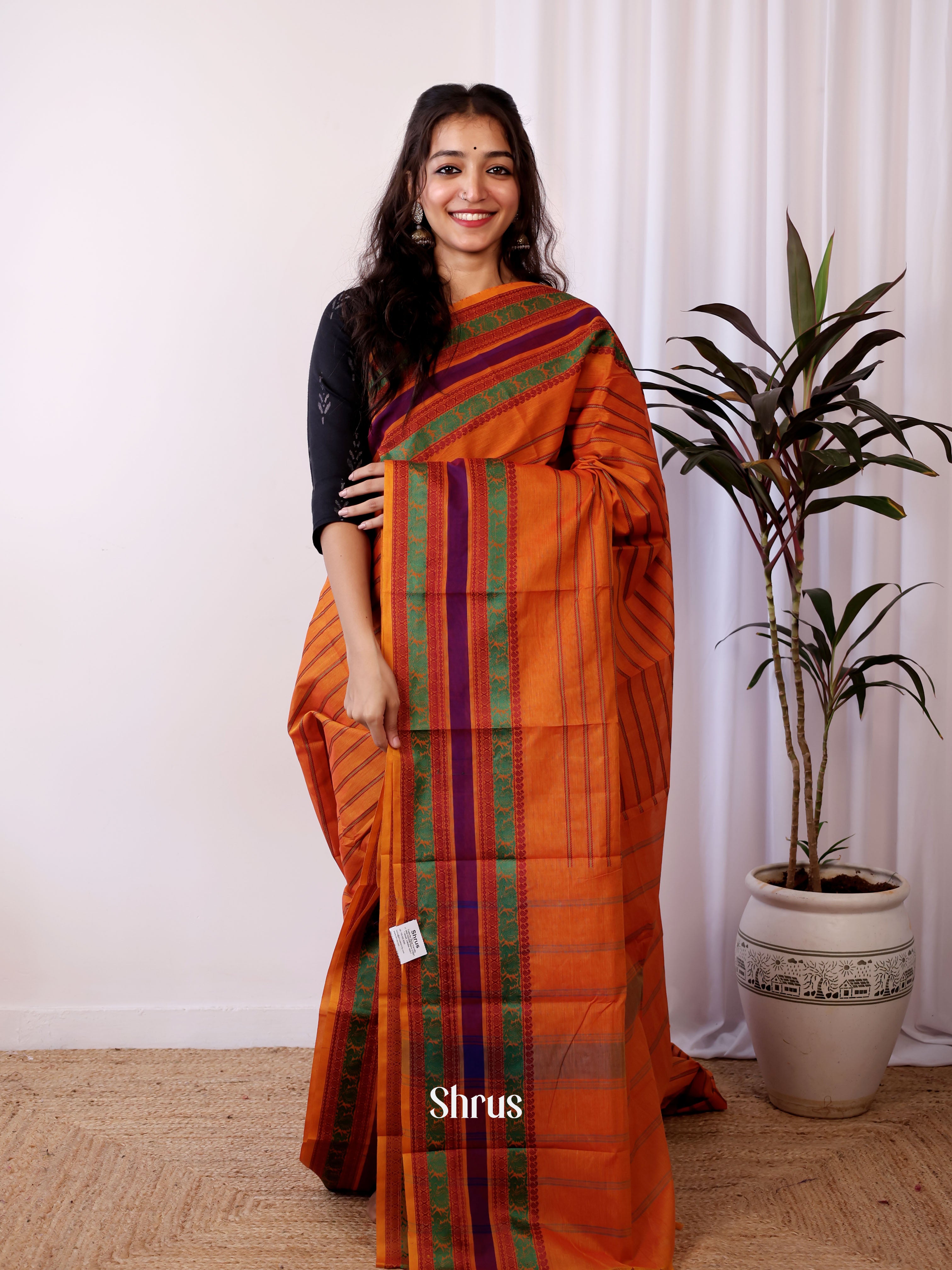 Orange - Chettinad Cotton Saree - Shop on Shrus.com