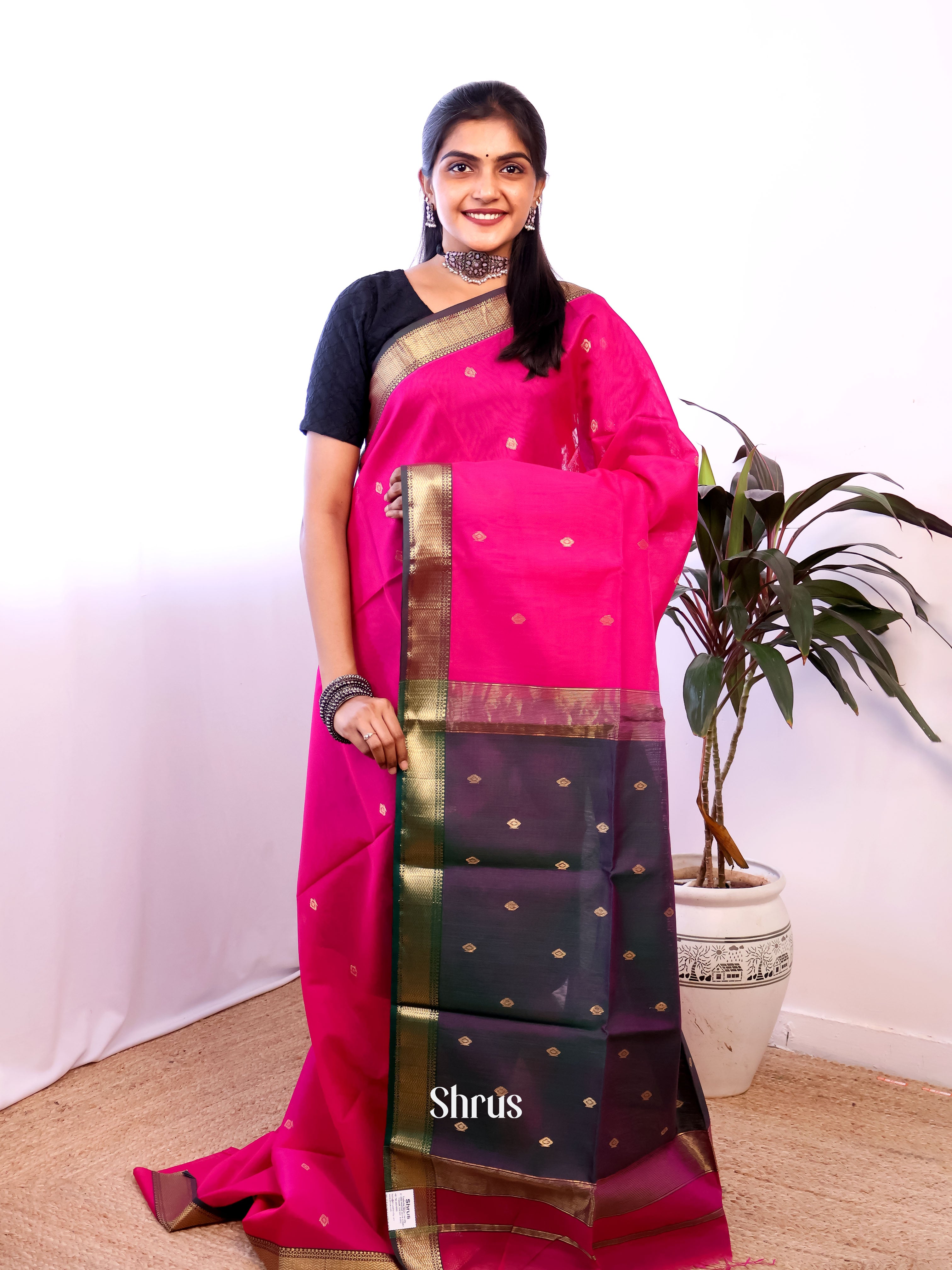 Pink & Grey - Maheshwari silkcotton Saree - Shop on Shrus.com