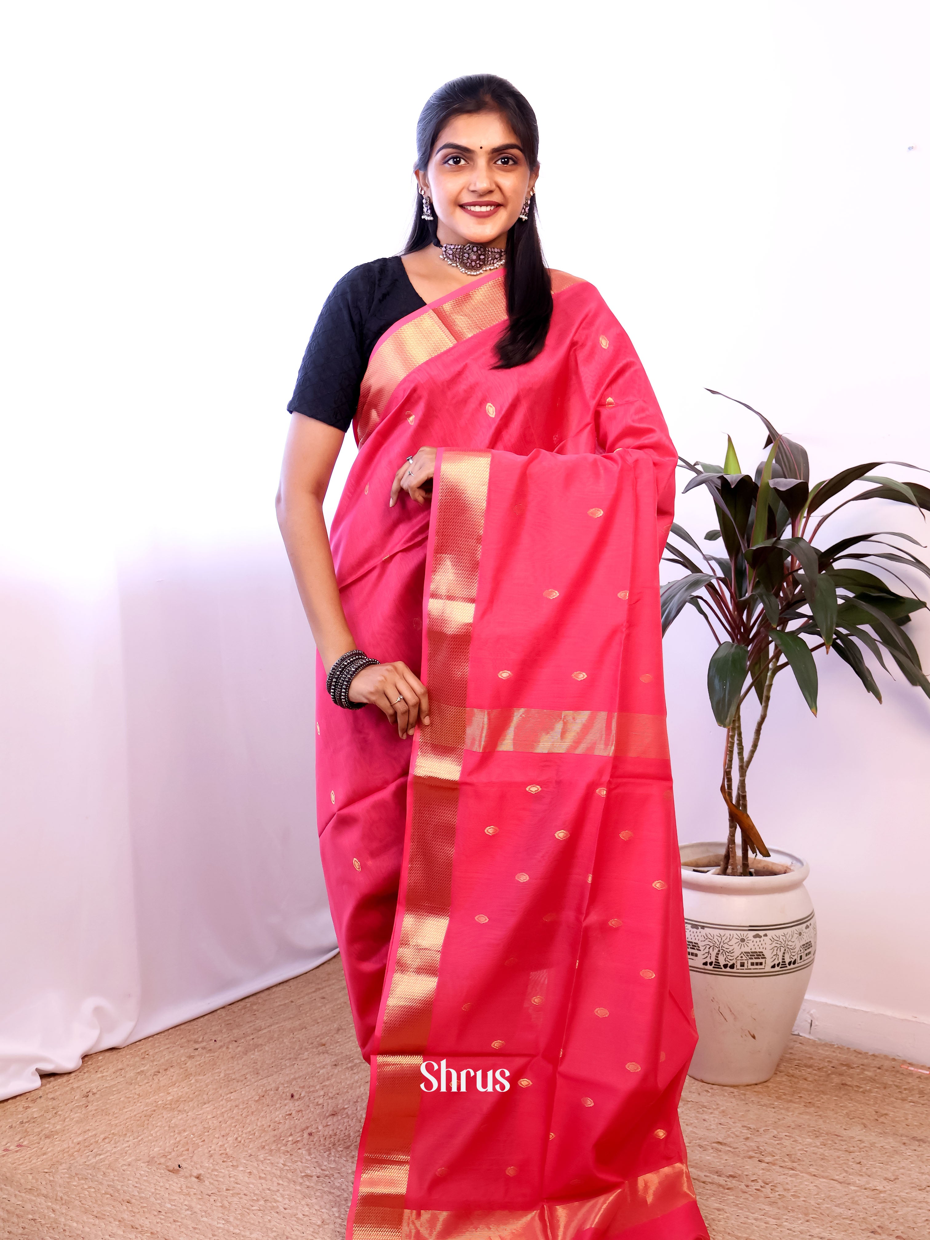 Pink - Maheshwari silkcotton Saree - Shop on Shrus.com