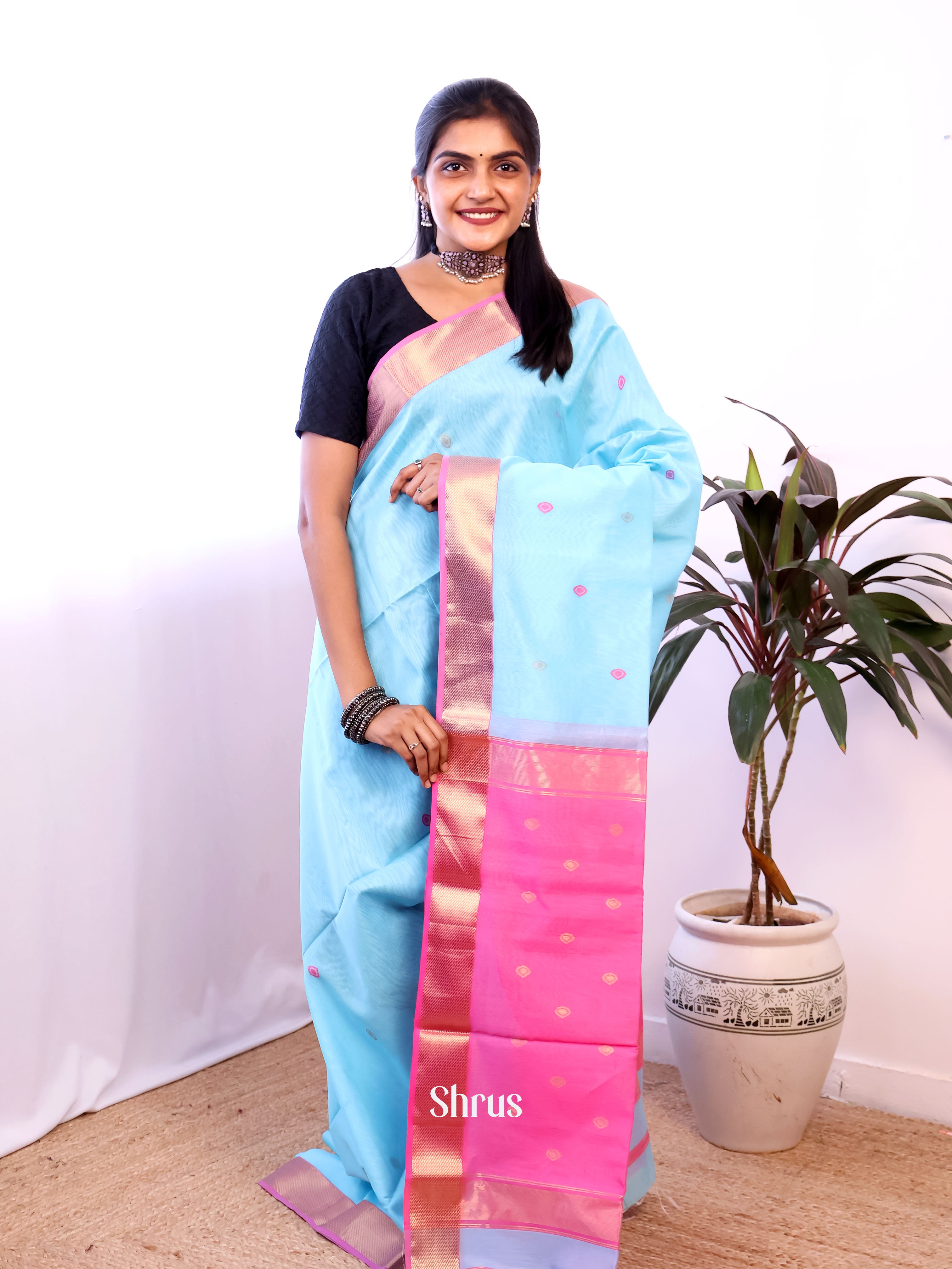 Lite Blue & Pink - Maheshwari silkcotton Saree - Shop on Shrus.com