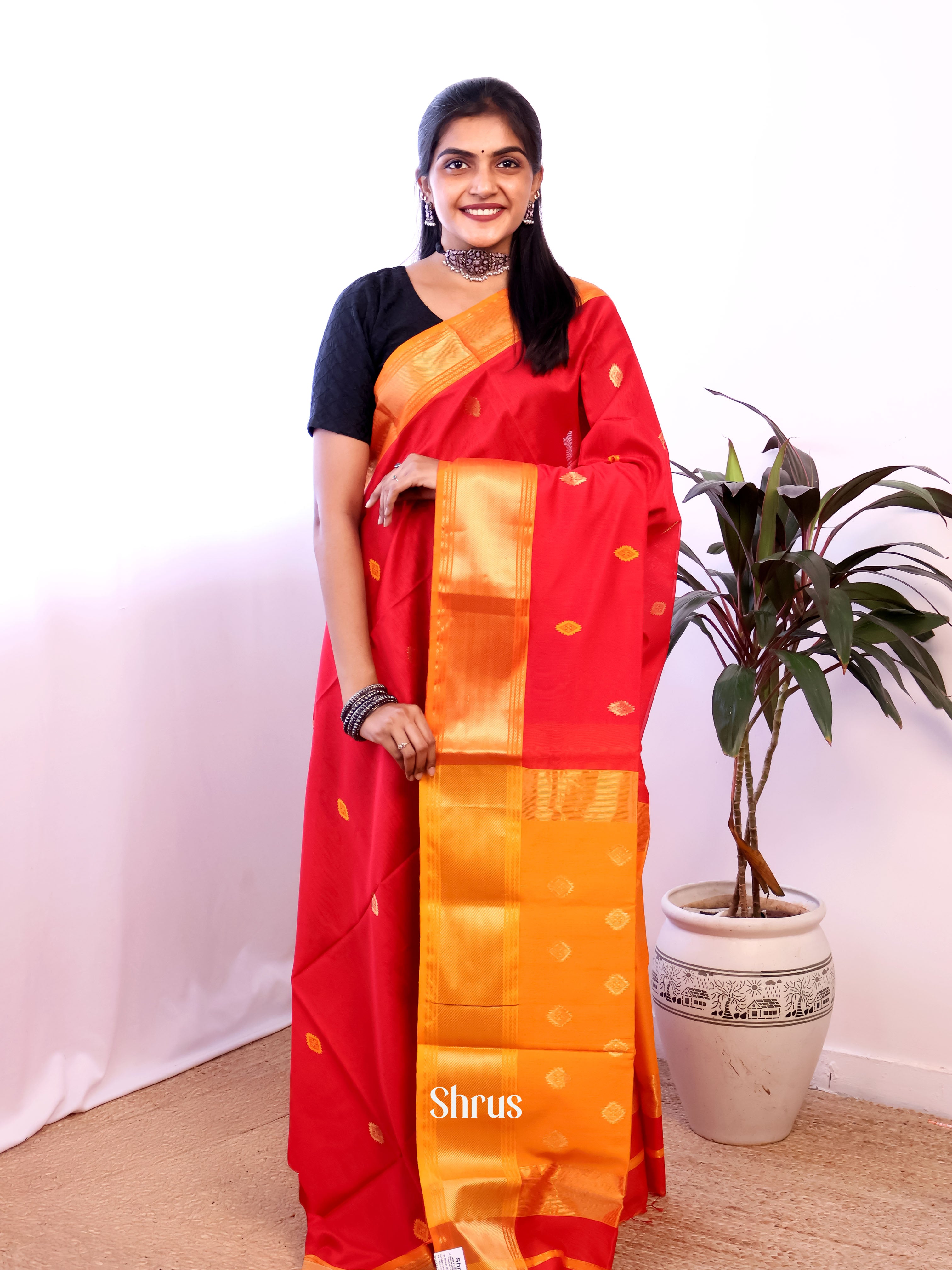 Red & Orange - Maheshwari silkcotton Saree - Shop on Shrus.com