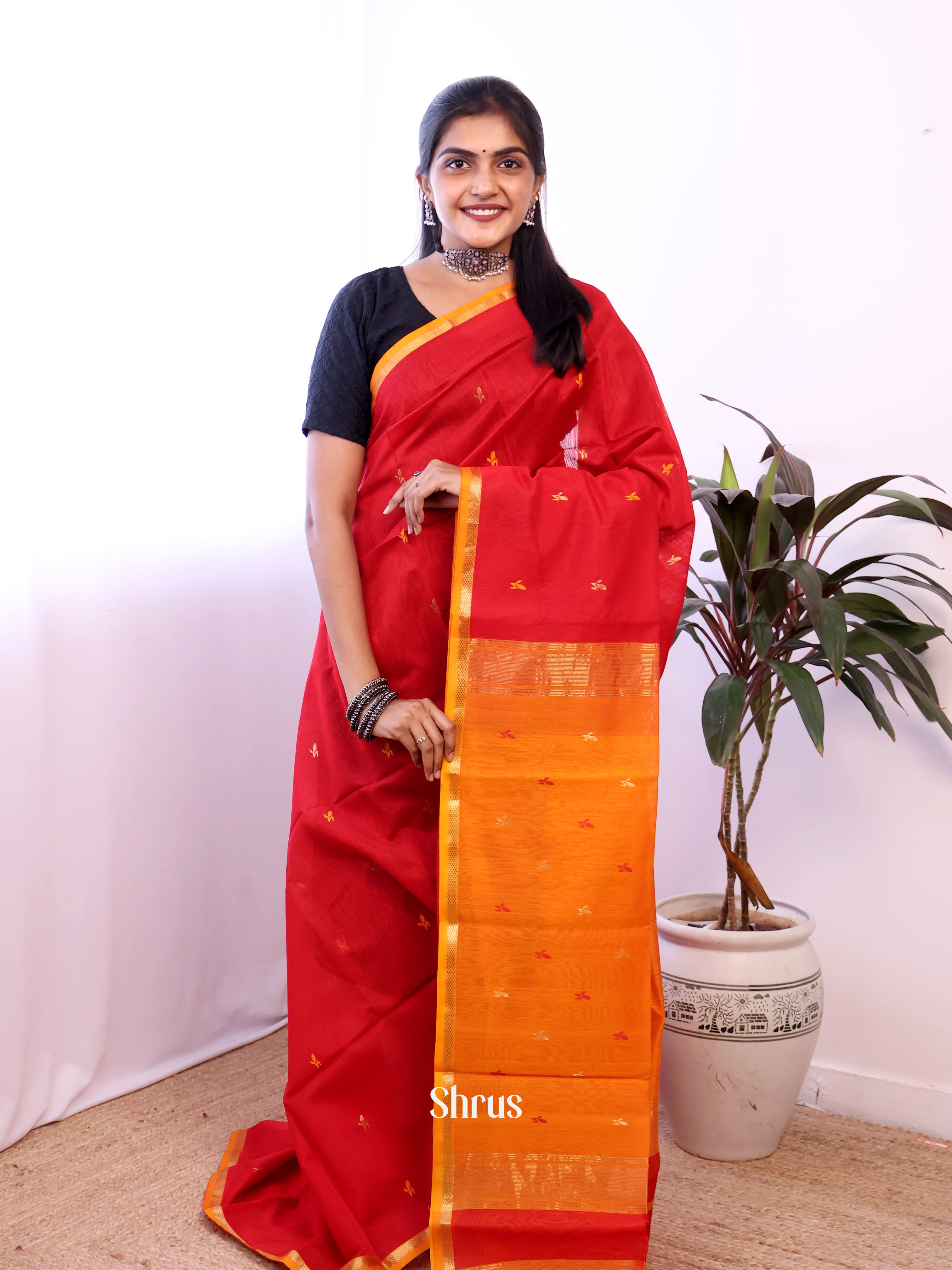 Red & Mustard - Maheshwari silkcotton Saree - Shop on Shrus.com