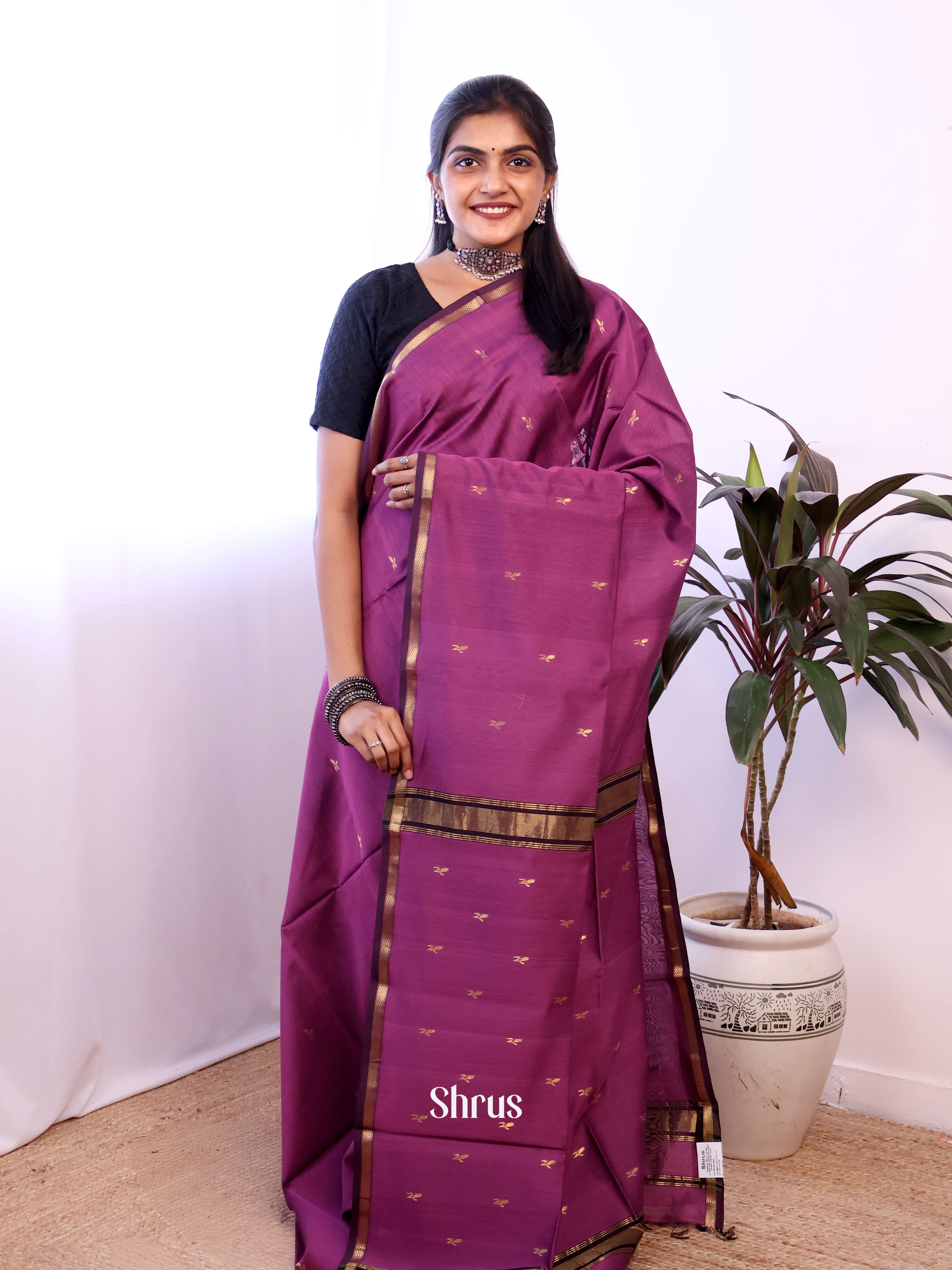 Purple - Maheshwari silkcotton Saree - Shop on Shrus.com