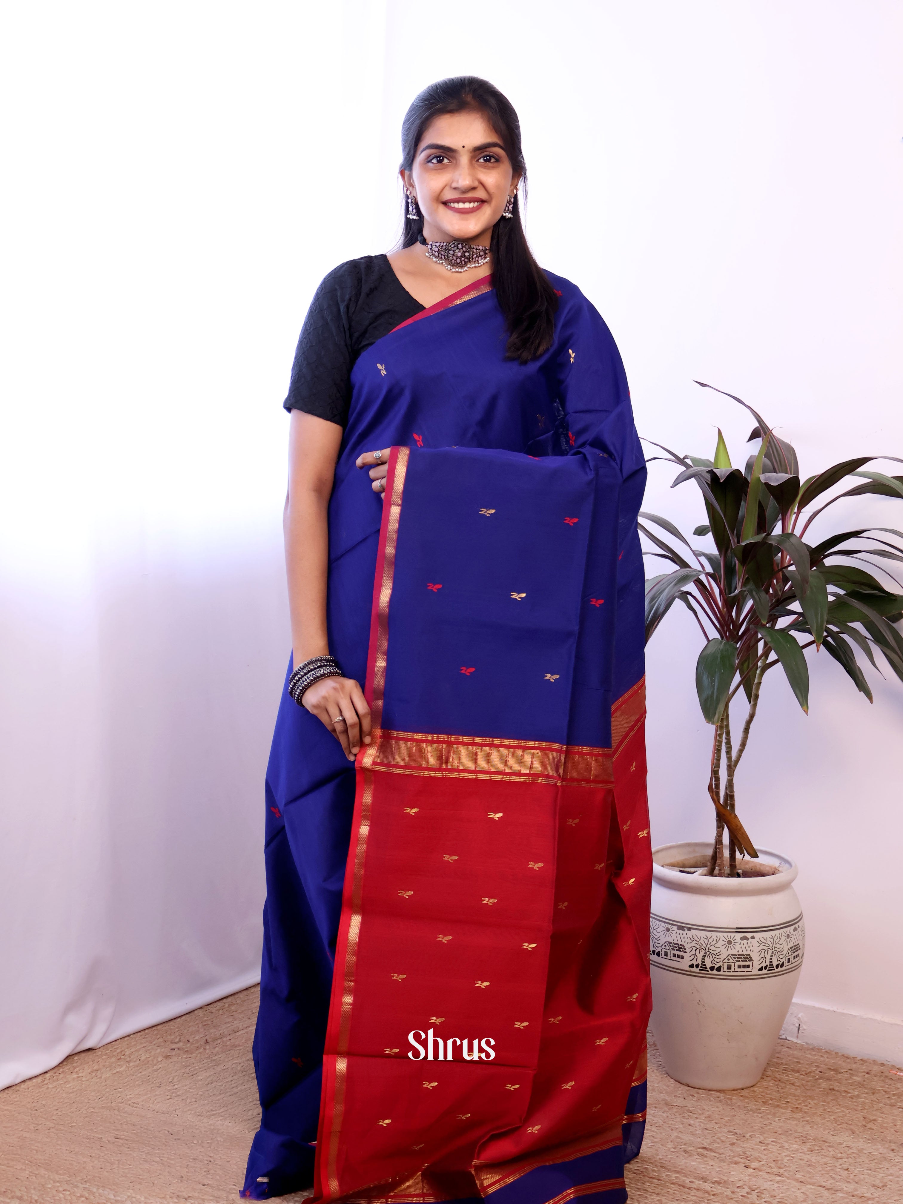 Blue & Red - Maheshwari silkcotton Saree - Shop on Shrus.com