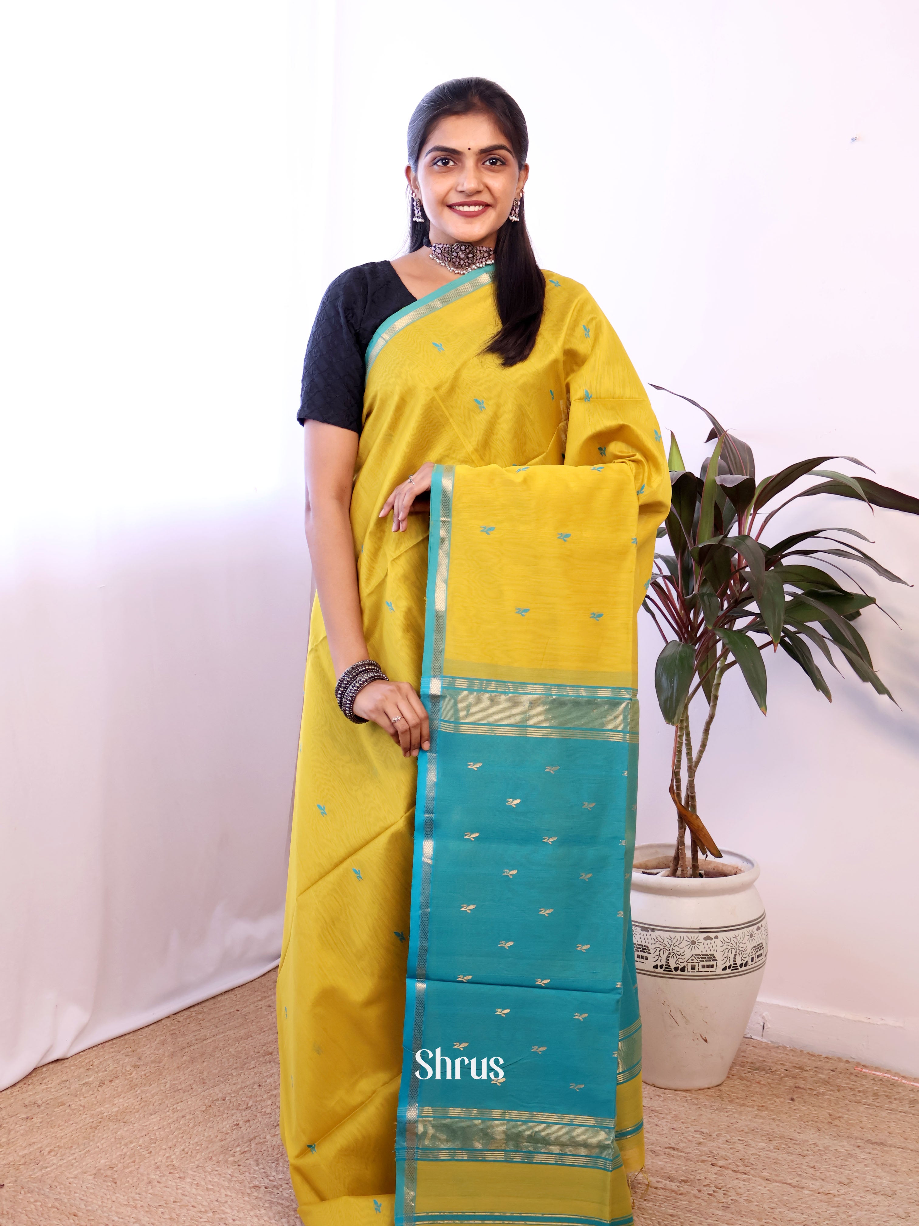 Yellow & Teal - Maheshwari silkcotton Saree - Shop on Shrus.com