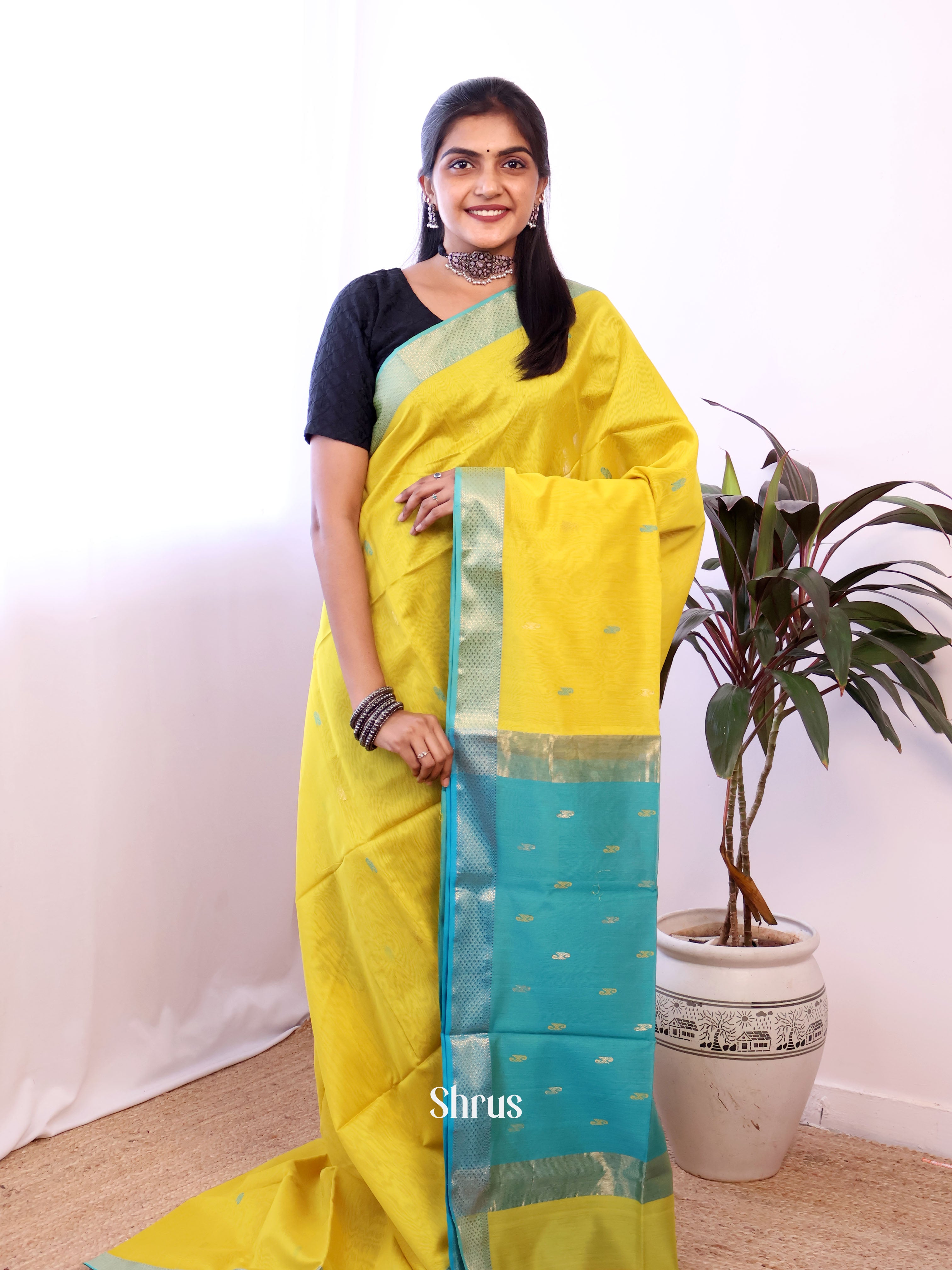 Yellow & Teal- Maheshwari silkcotton Saree - Shop on Shrus.com