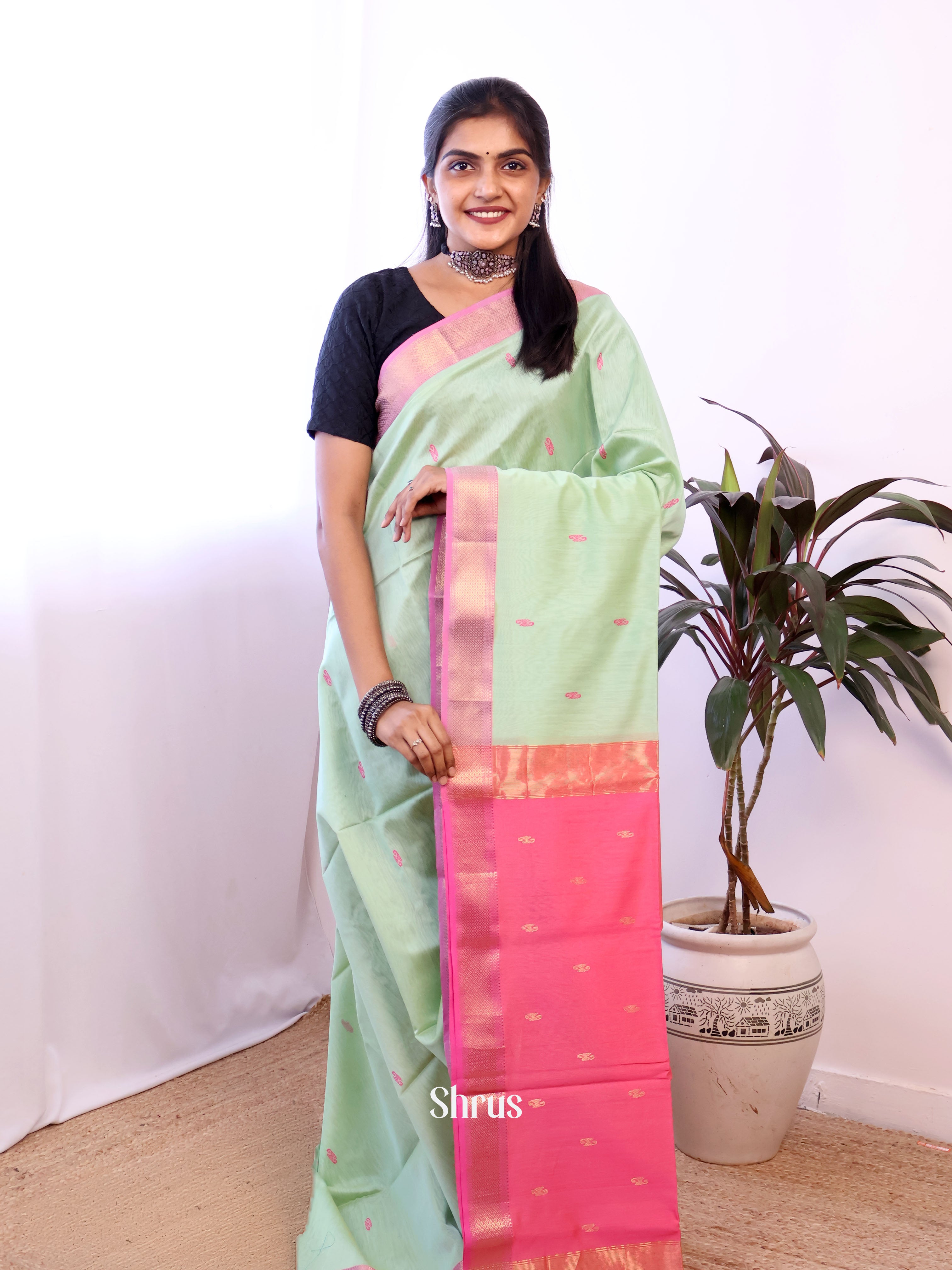 Pastel Green & Pink - Maheshwari silkcotton Saree - Shop on Shrus.com
