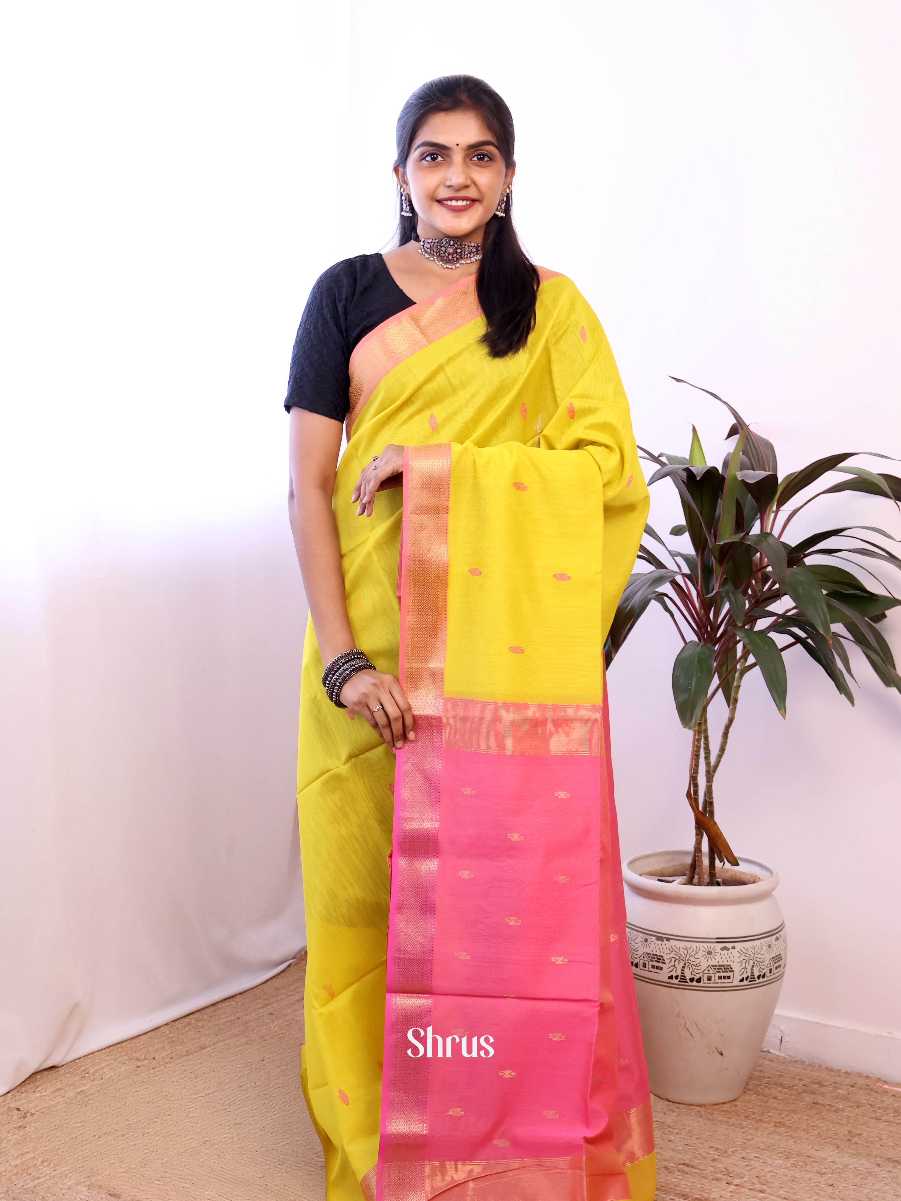 Mustardy Green & Pink - Maheshwari silkcotton Saree - Shop on Shrus.com