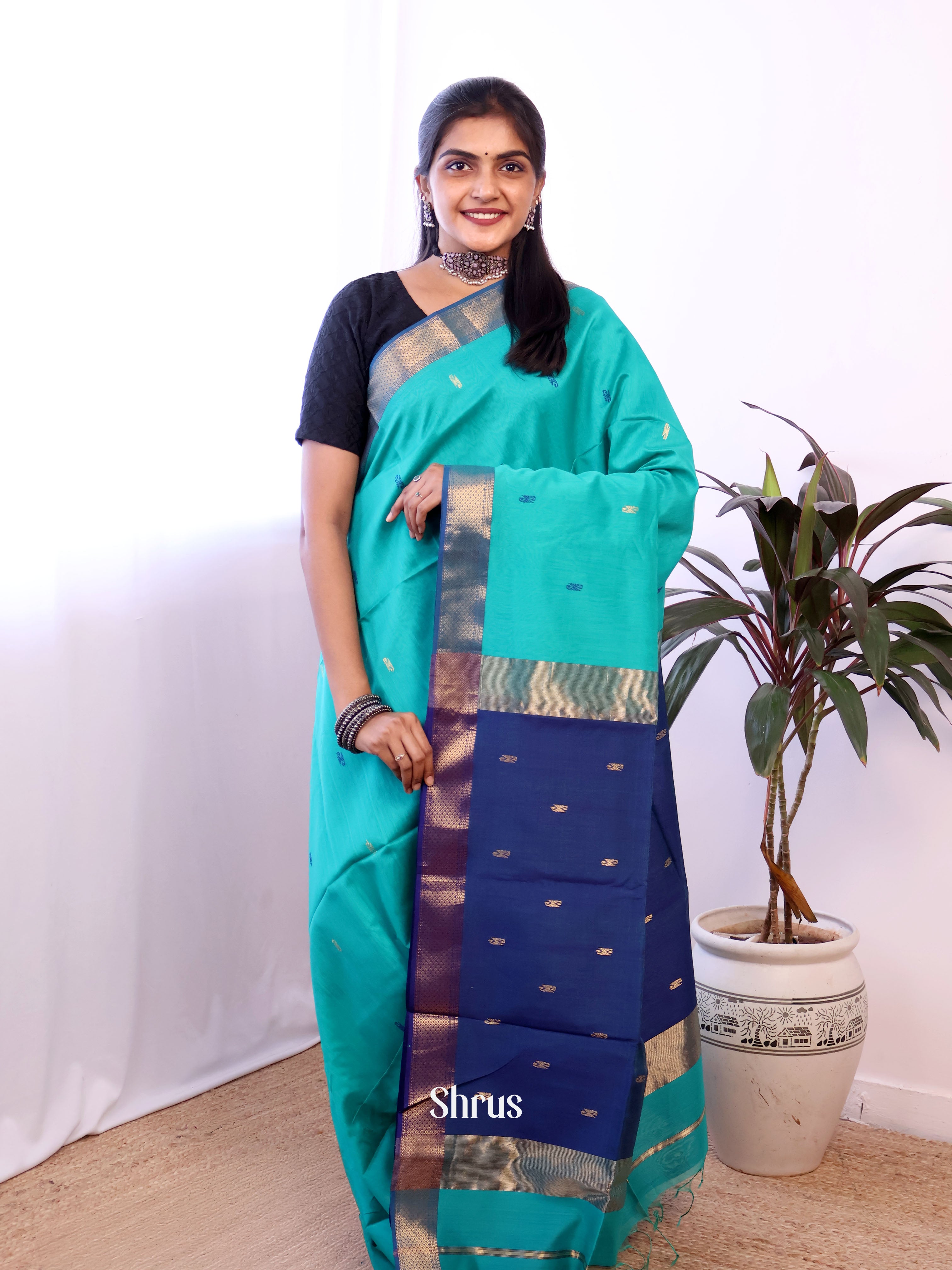 Teal & Blue - Maheshwari silkcotton Saree - Shop on Shrus.com