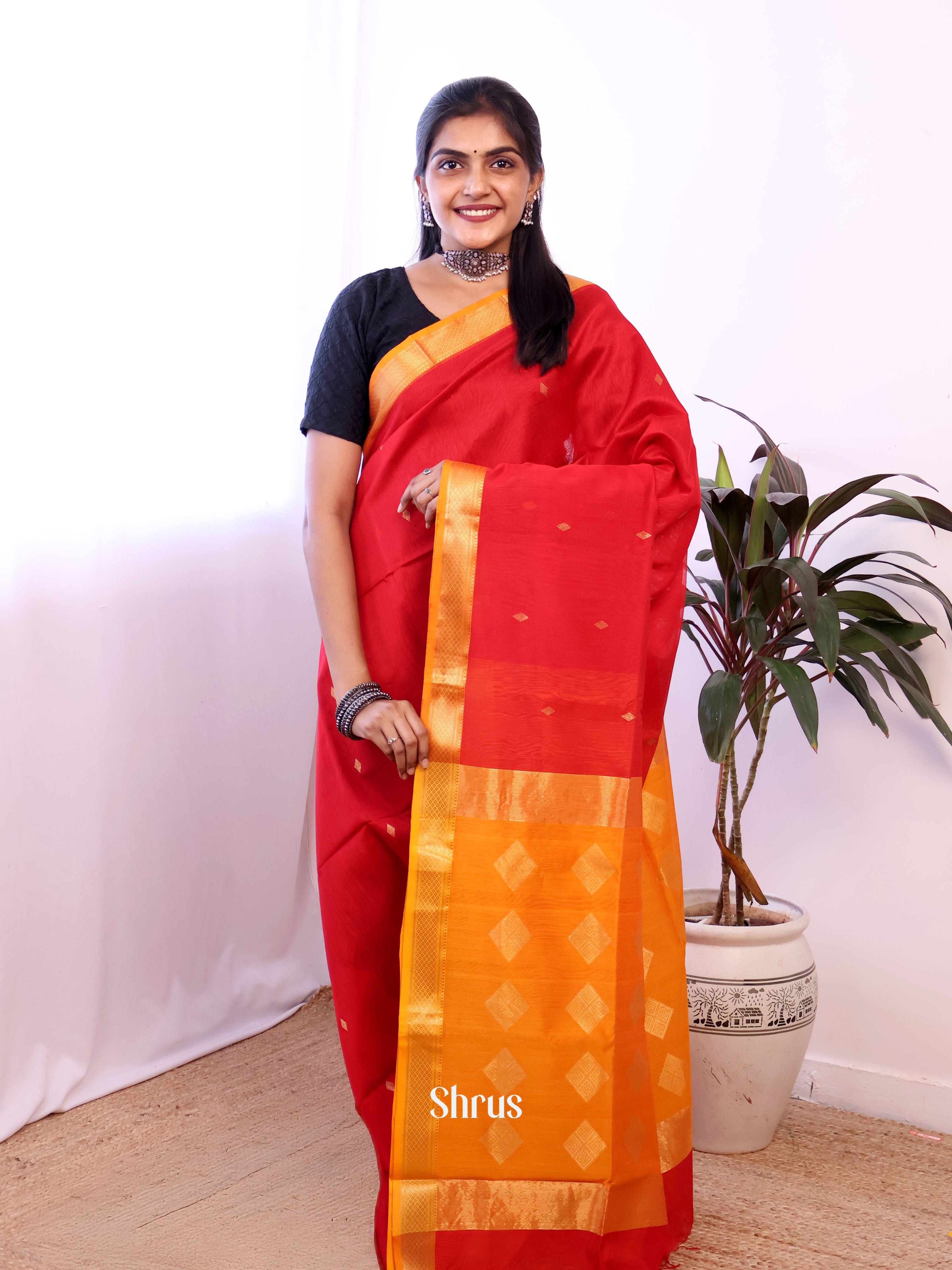 Red & Mustard - Maheshwari silkcotton Saree - Shop on Shrus.com