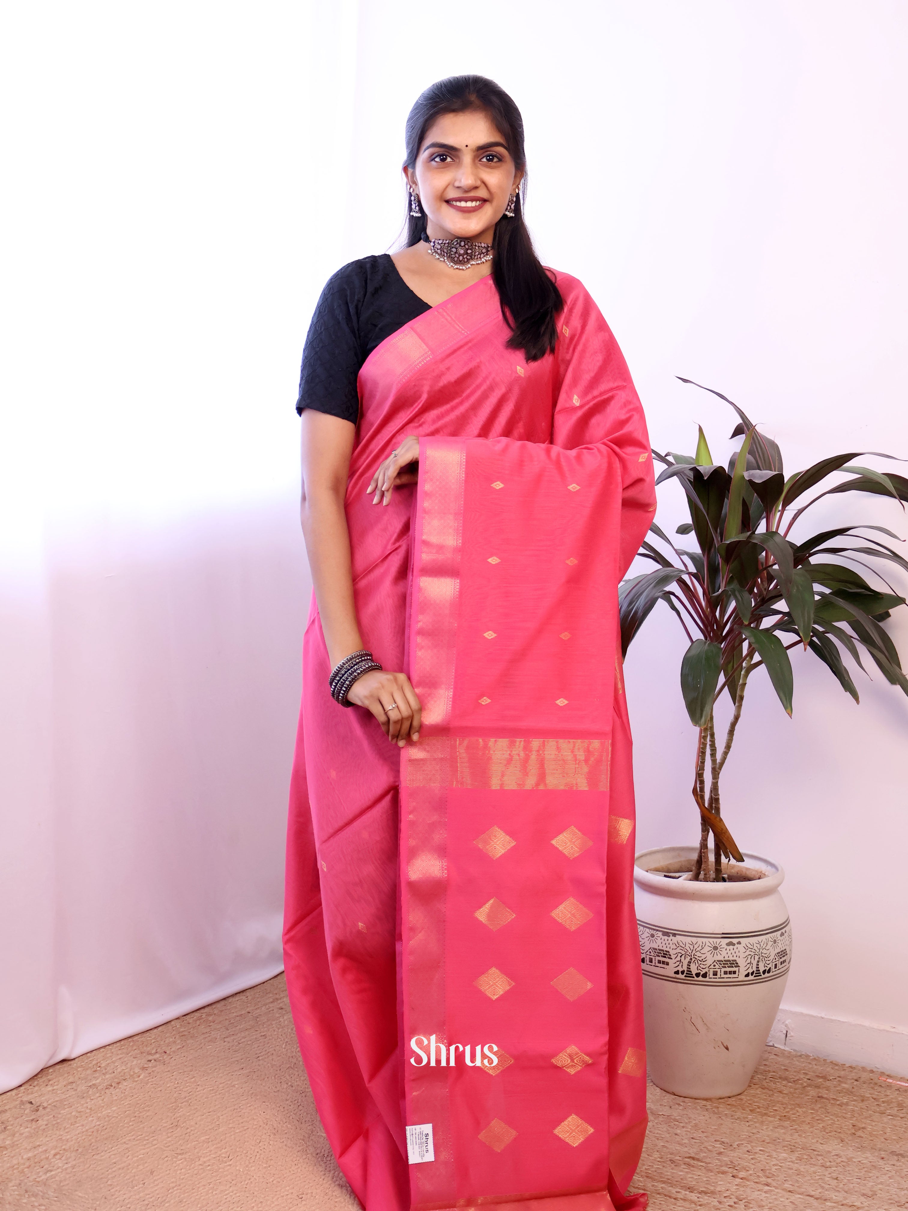 Pink - Maheshwari silkcotton Saree - Shop on Shrus.com