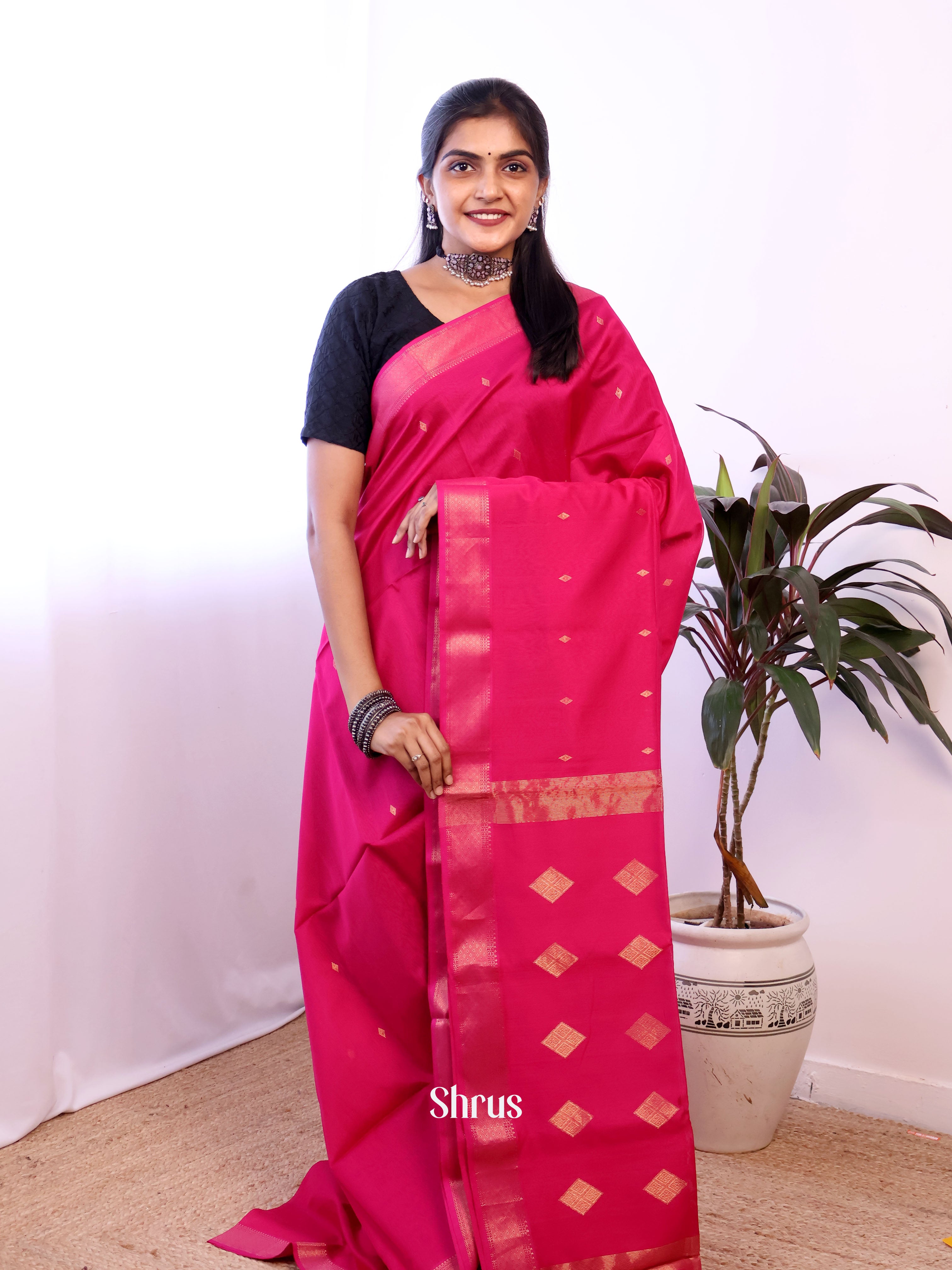 Pink - Maheshwari silkcotton Saree - Shop on Shrus.com