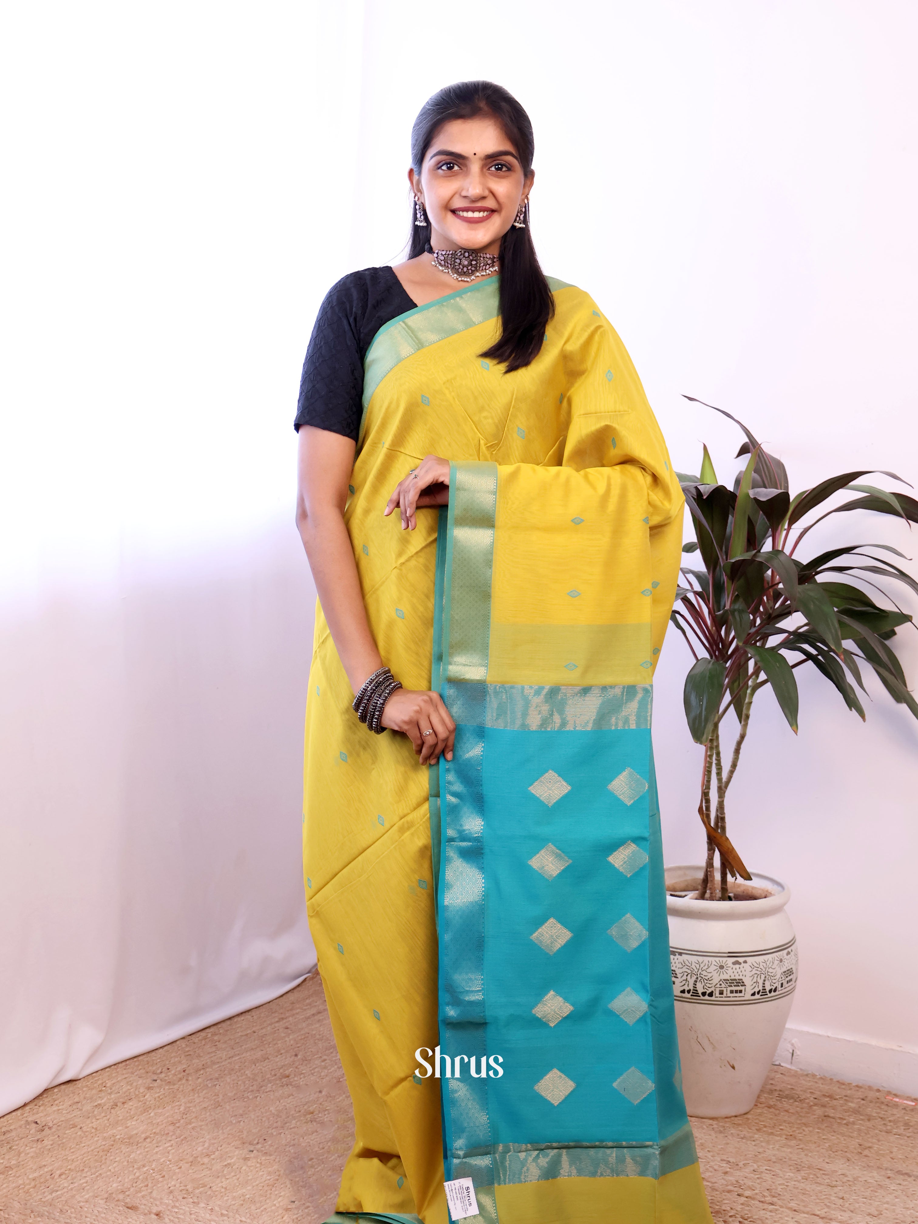 Yellow & Teal - Maheshwari silkcotton Saree - Shop on Shrus.com