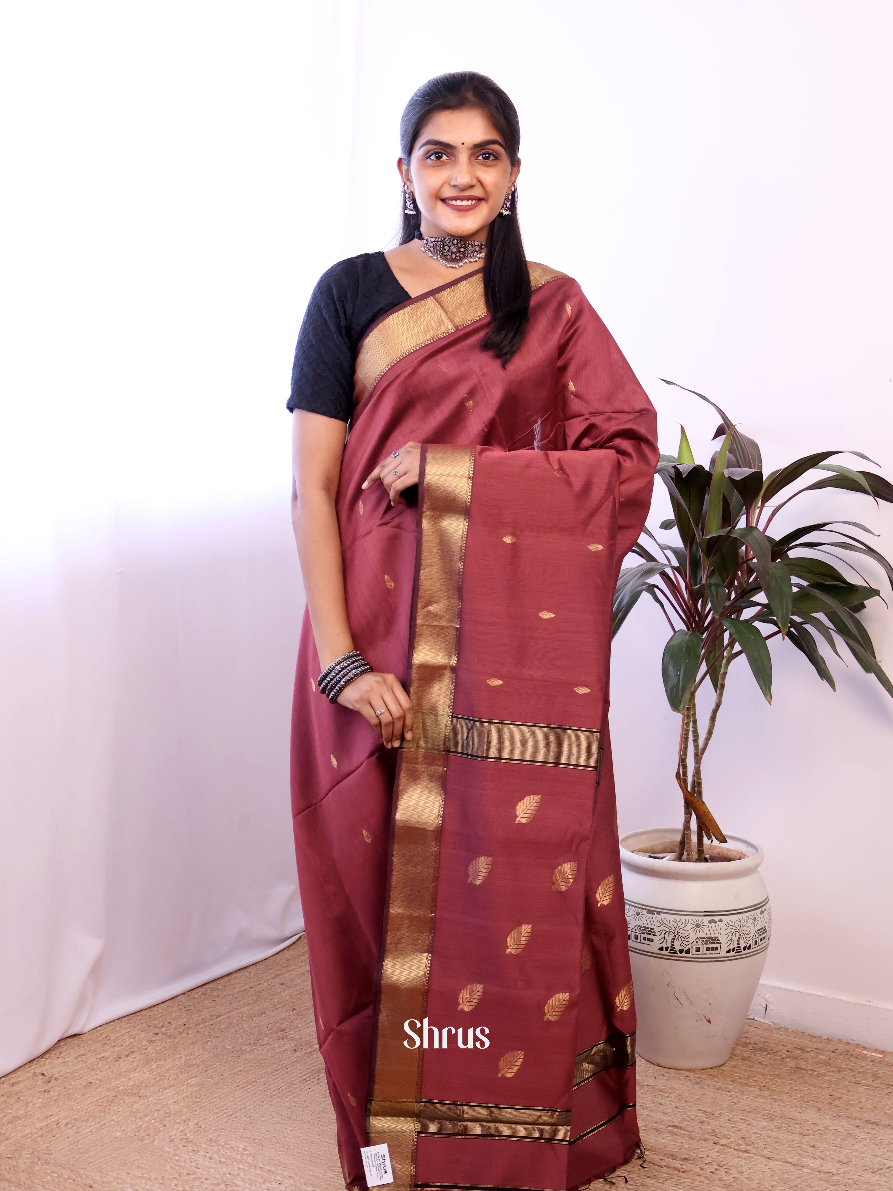 Brown - Maheshwari silkcotton Saree - Shop on Shrus.com